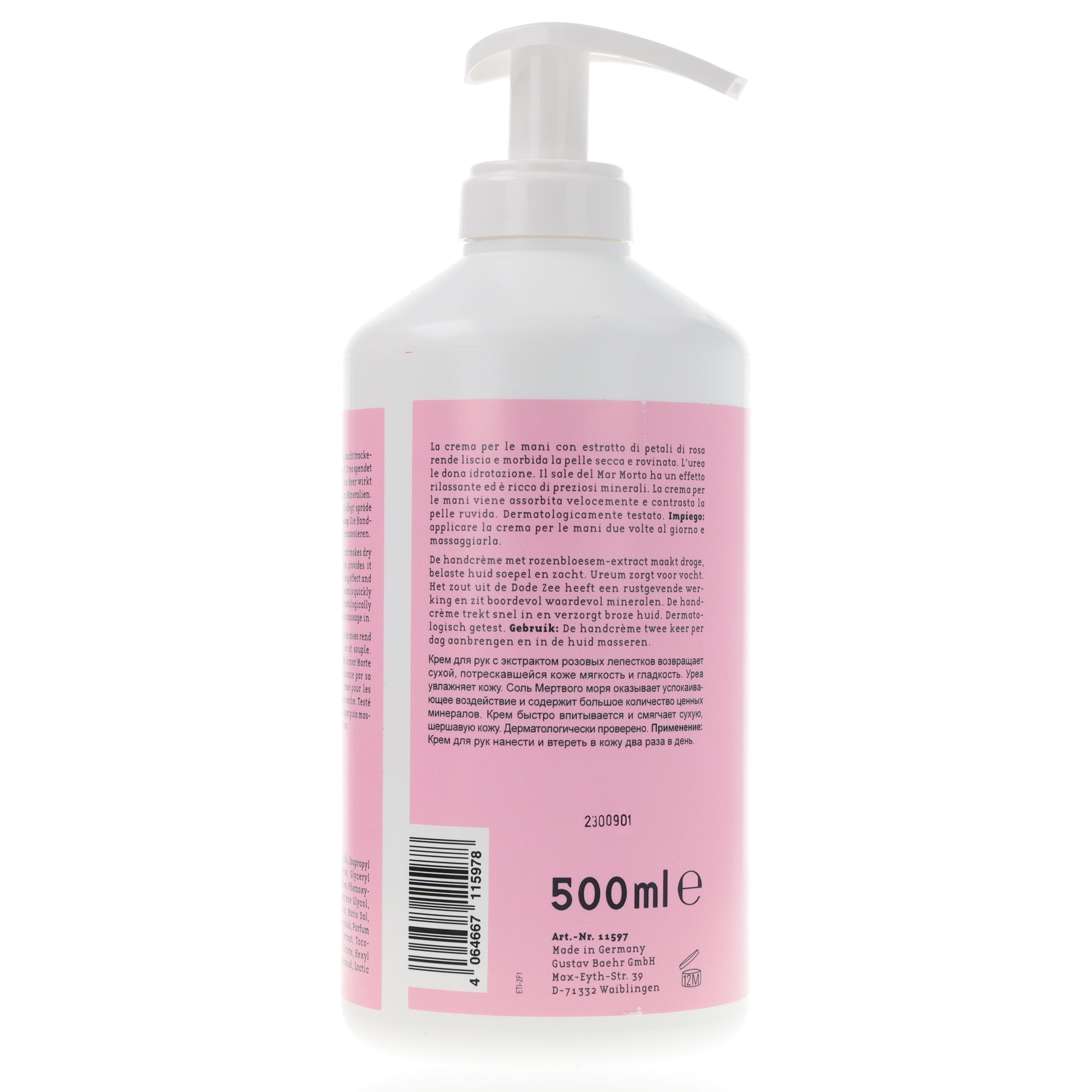 Rückseite einer weißen Flasche mit rosa Etikett. Text in mehreren Sprachen. Unten: 500ml, Art.-Nr. und Barcode.