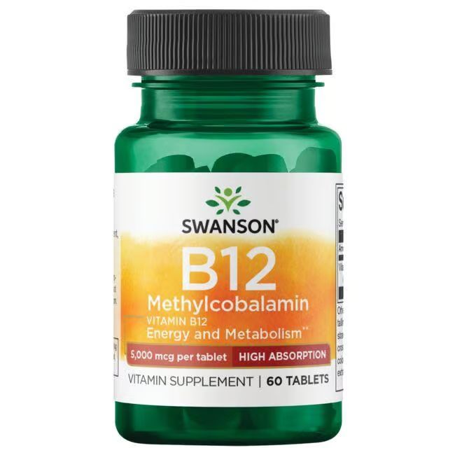 Grüne Flasche mit schwarzem Deckel. Aufschrift: SWANSON B12 Methylcobalamin, 5.000 mcg pro Tablette, 60 Tabletten.