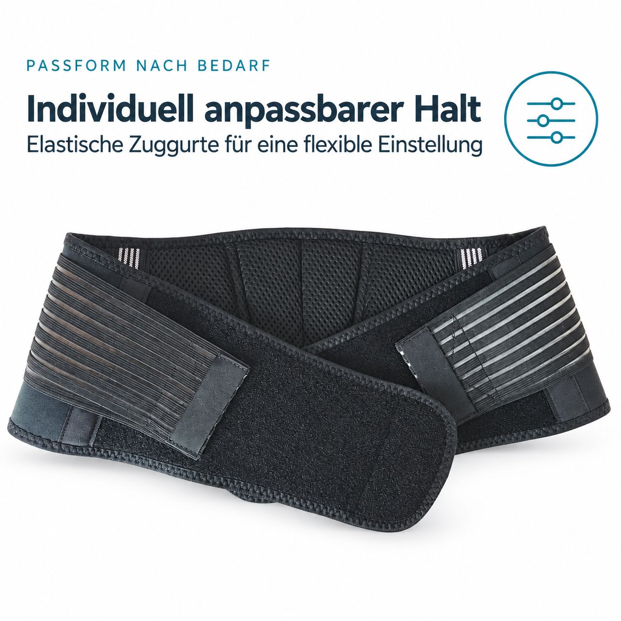 Schwarzer Rückenstützgürtel mit elastischen Zuggurten für eine individuell anpassbare Kompression und Haltung.