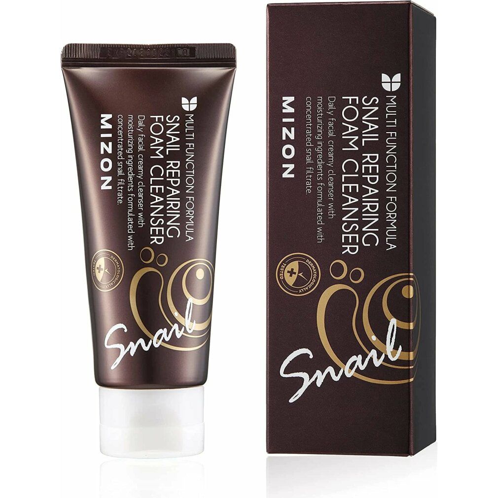 Produkt und Verpackung. Tube und Schachtel. Aufschrift: MIZON Snail Repairing Foam Cleanser.