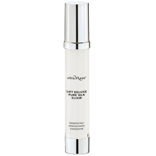 Zylindrische Flasche mit silberner Kappe. Aufschrift: ultra Meso, Lift Deluxe Pure Silk Elixir, Konzentrat.