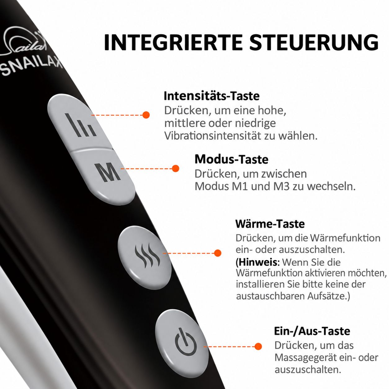 Nahaufnahme der Bedienelemente eines Massagegeräts: Intensität, Modus, Wärme, Ein/Aus.