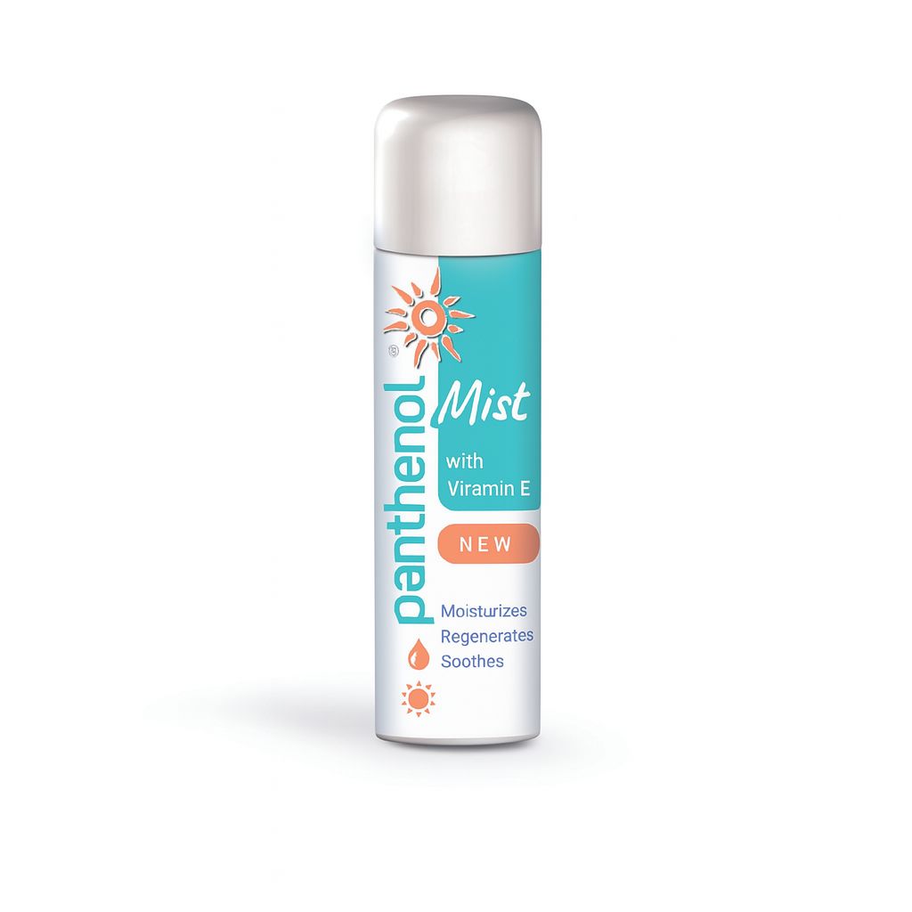 Zylindrische Sprühflasche mit weißem Deckel. Aufschrift: Panthenol, Mist, mit Vitamin E, NEW. Text: Moisturizes, Regenerates, Soothes.