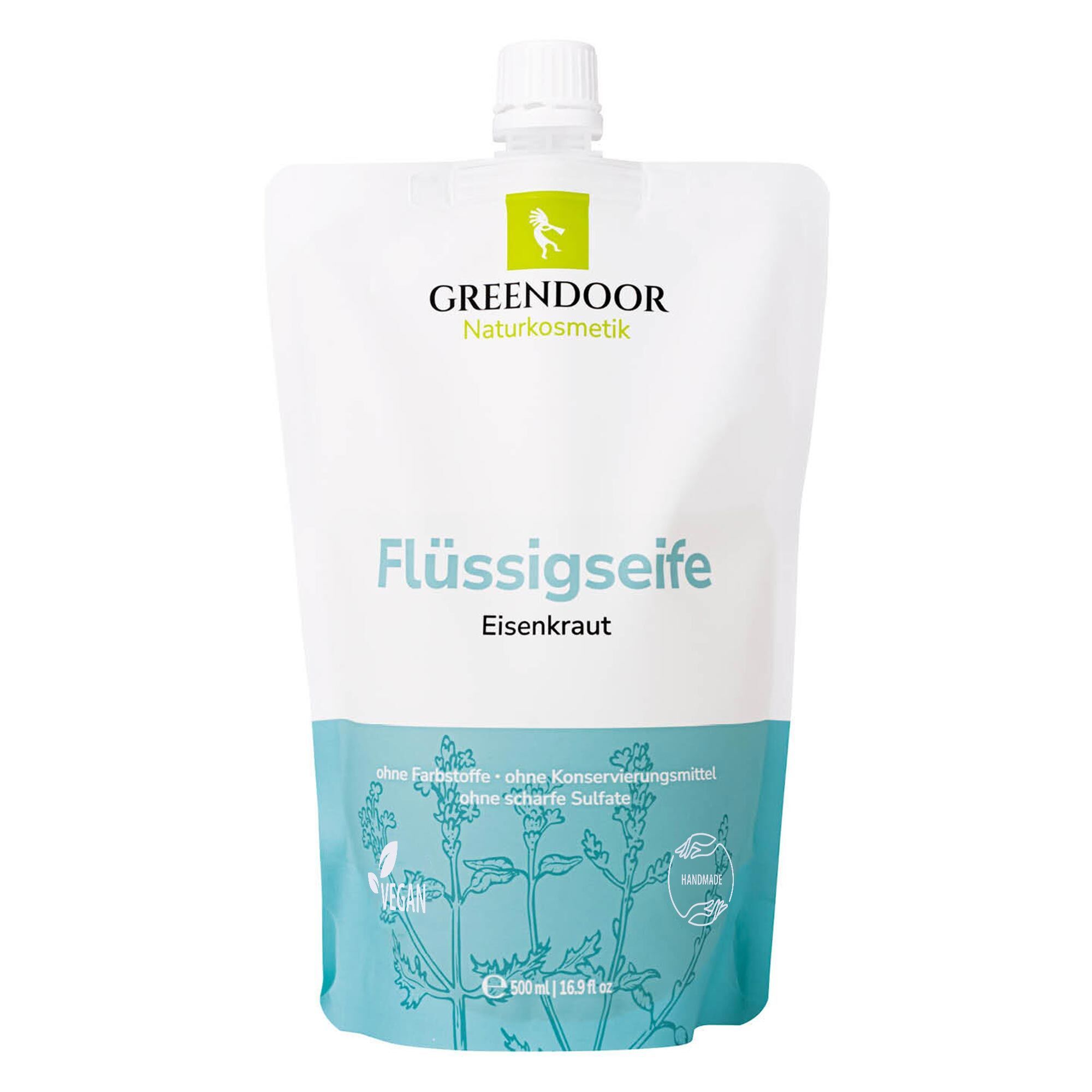 GREENDOOR Flüssigseife Nachfüllpackung Eisenkraut. Ohne Farbstoffe, Konservierungsmittel, scharfe Sulfate. Mit Kräutermotiv.