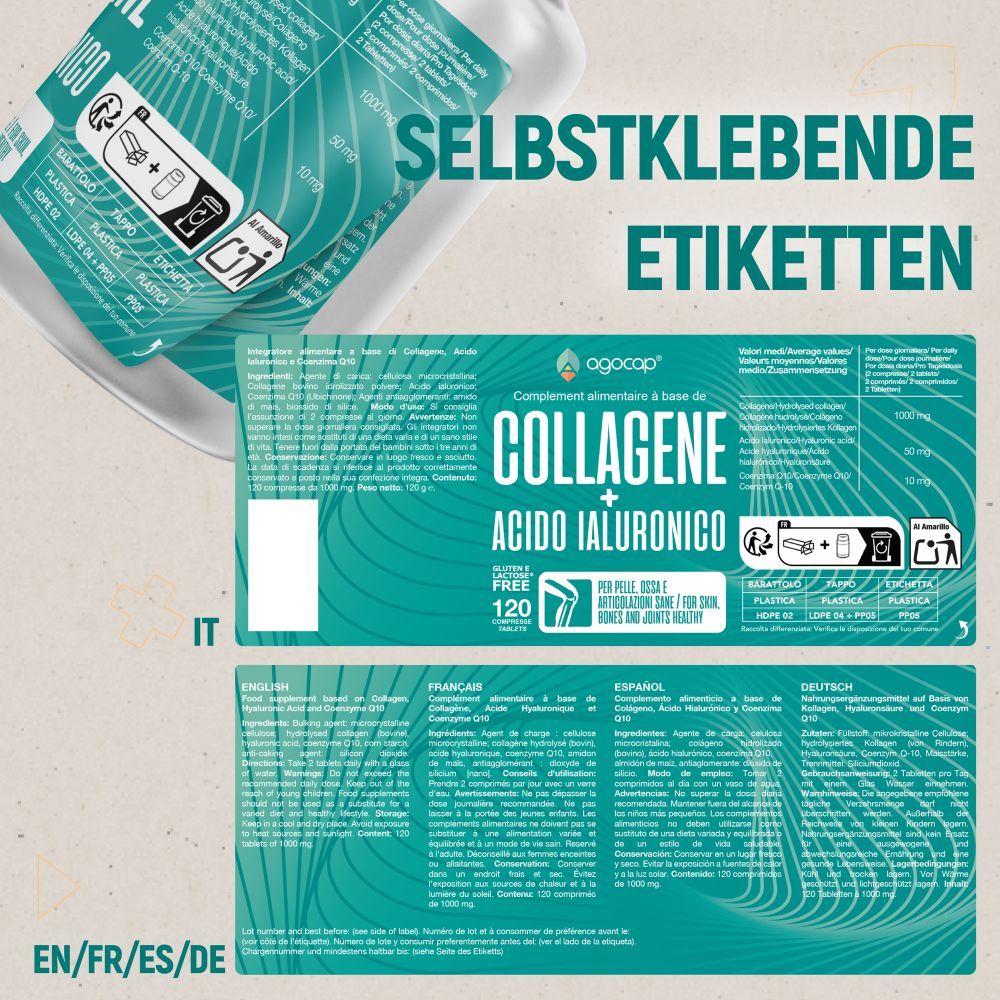 Etiketten mit Text. Text: COLLAGENE + ACIDO IALURONICO, 120 compresse. EN/FR/ES/DE.