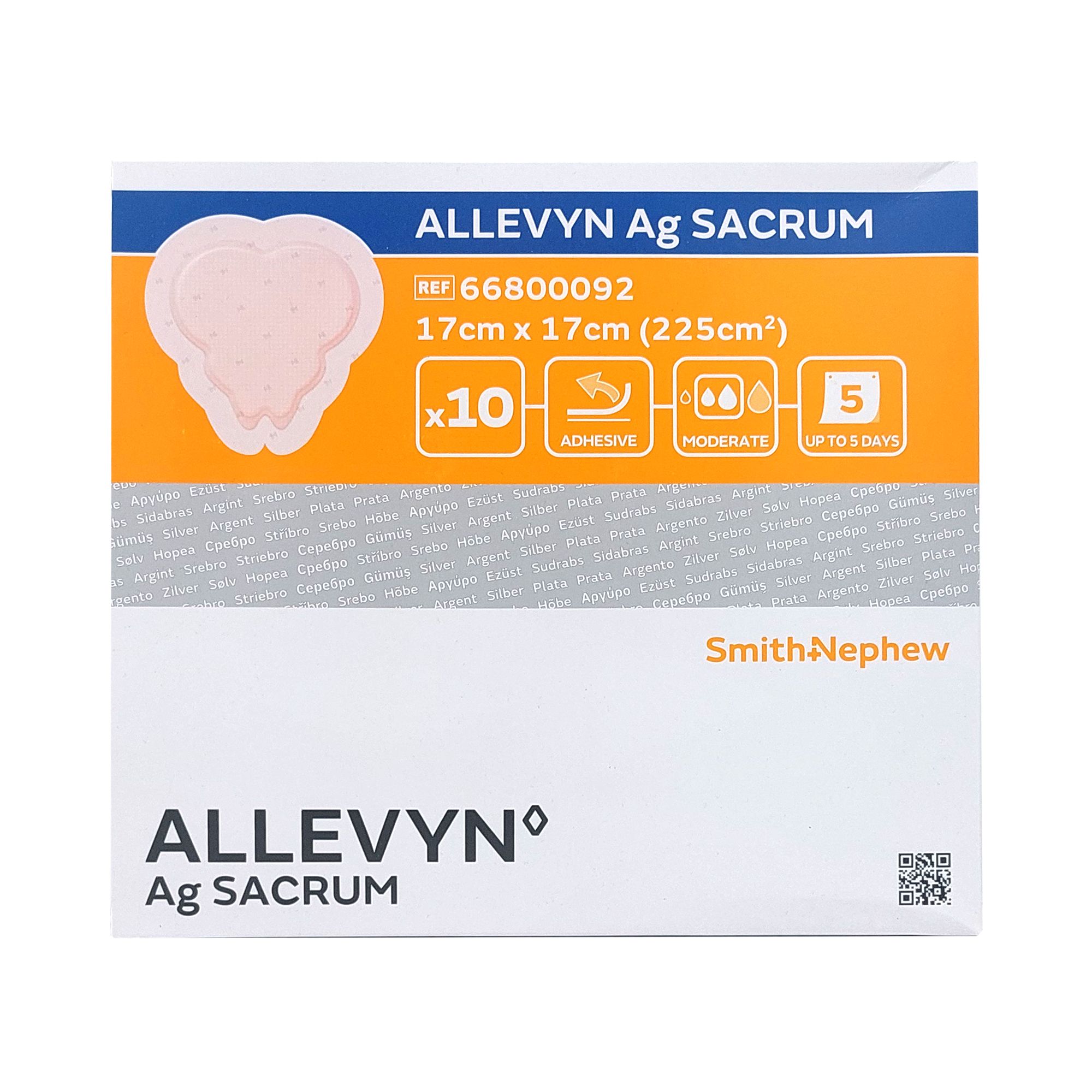 Verpackung mit ALLEVYN Ag SACRUM Wundauflagen. Zehn Stück, 17x17cm. Enthält Informationen zu Haftung und Tragedauer.