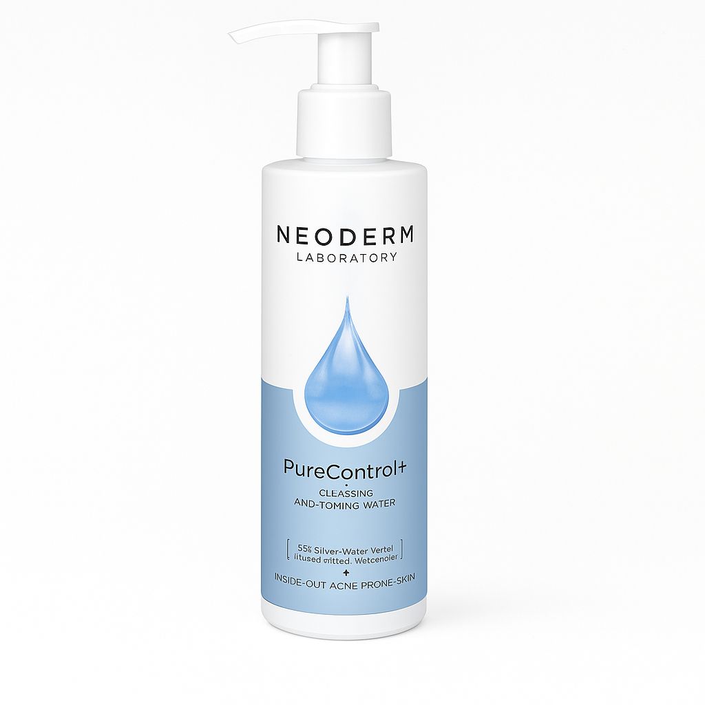 Weiße Flasche mit Pumpverschluss. Aufschrift NEODERM LABORATORY, darunter ein blauer Tropfen. Text: PureControl+ Cleansing and-toning water.