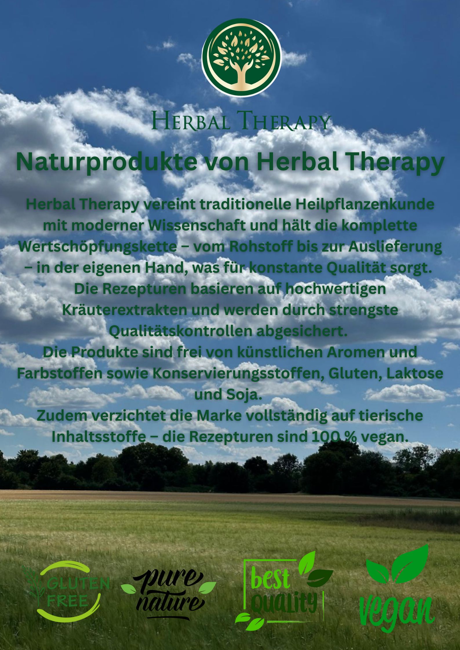 Werbebild mit Text. Herbal Therapy Logo. Naturprodukte von Herbal Therapy. Text über Qualität und Inhaltsstoffe.