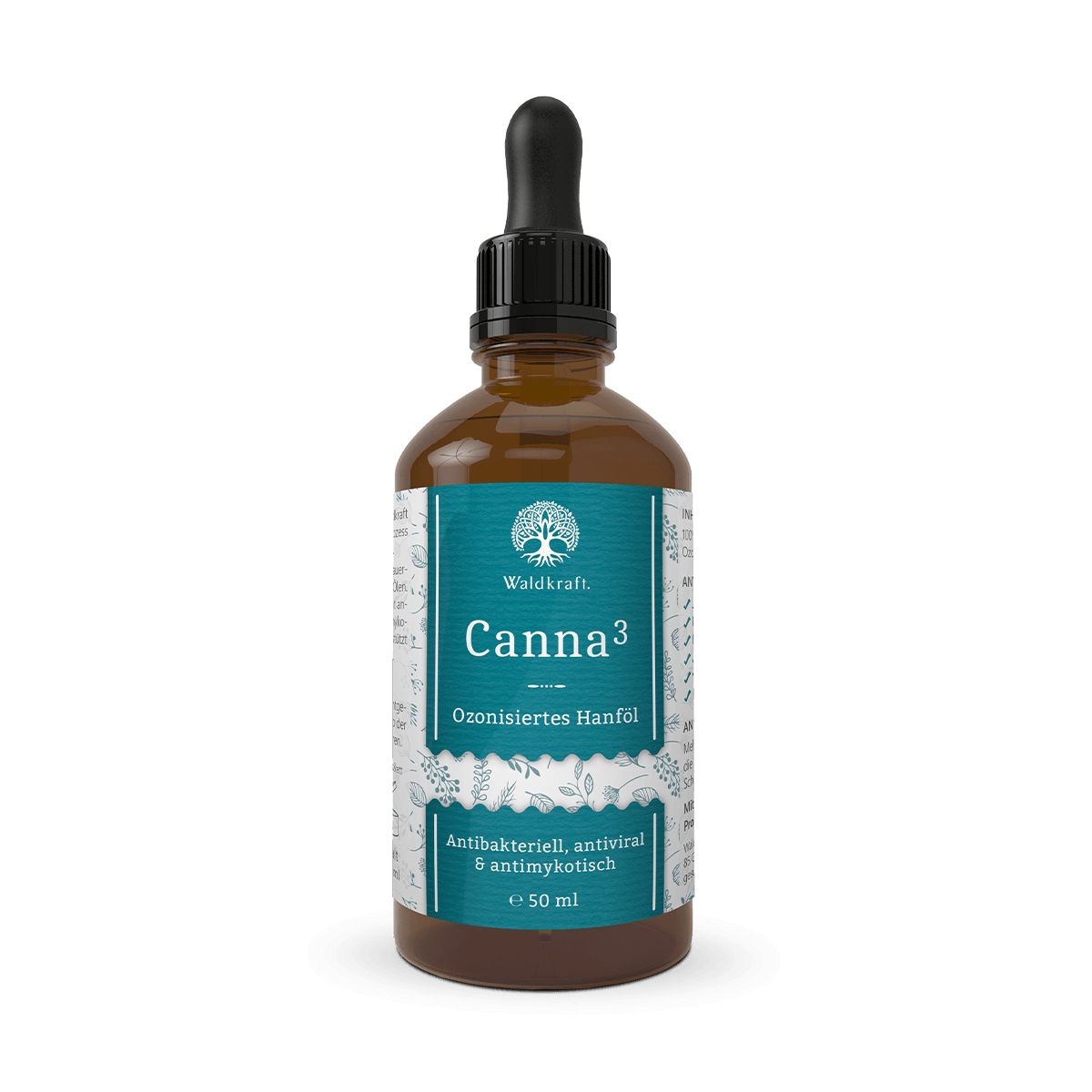 Braune Glasflasche mit schwarzem Tropfer. Auf dem Etikett steht "Canna3 Ozonisiertes Hanföl".
