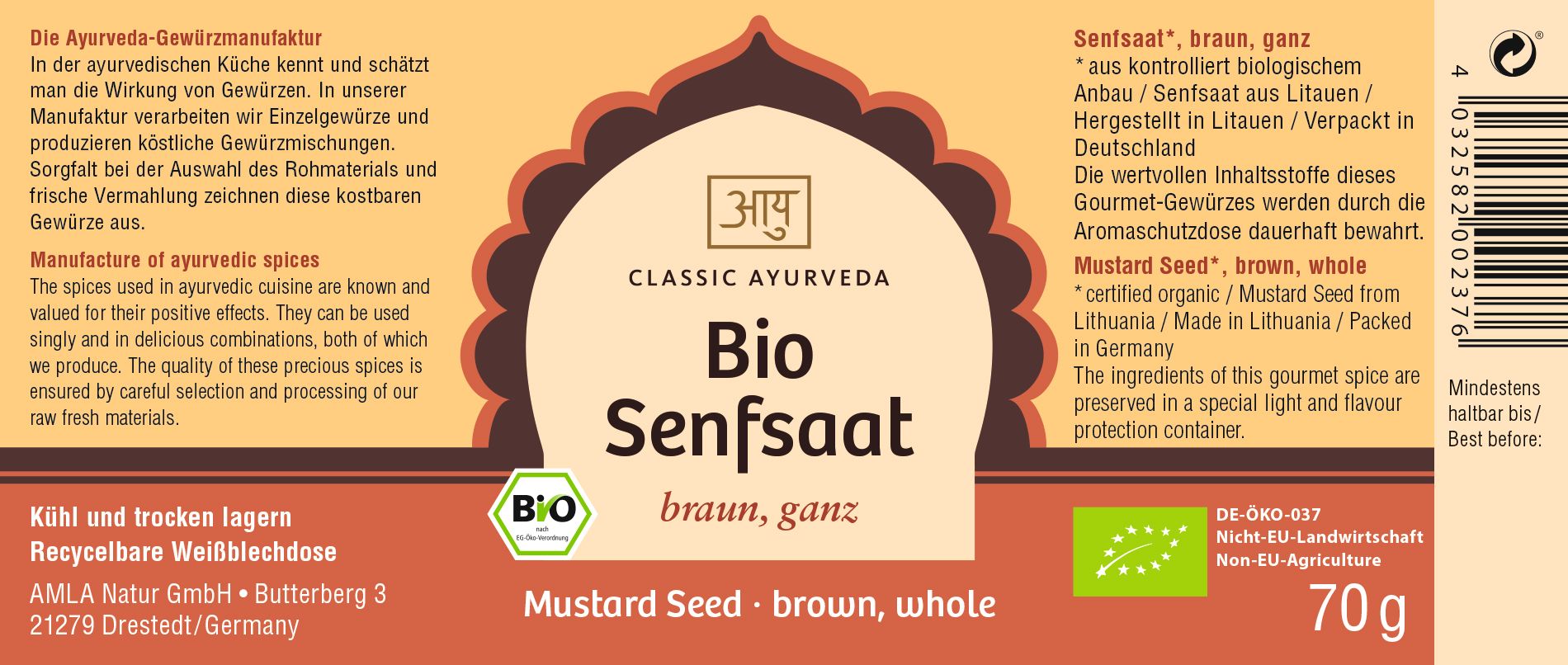 Etikett mit Text: Bio Senfsaat, braun, ganz. Text in Englisch. Bio-Siegel. 70g. Herstellerinformationen.