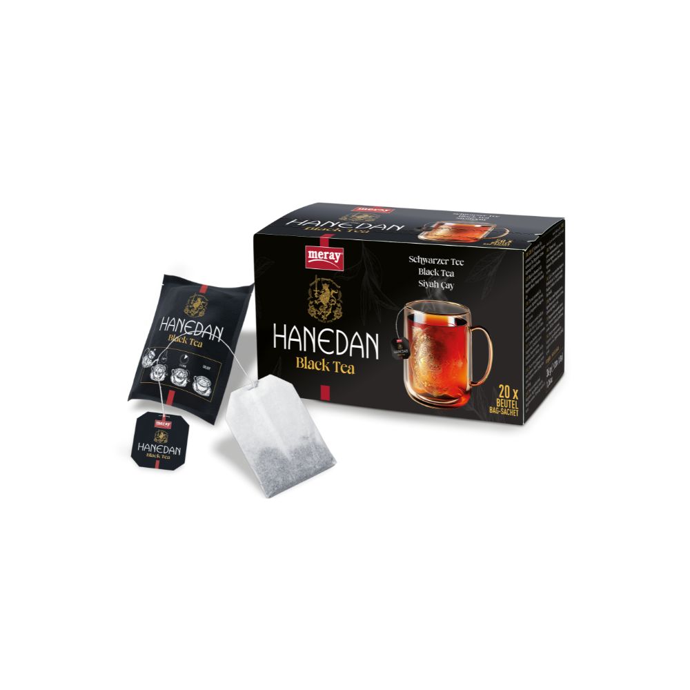 Schwarzer Tee von MERAY Hanedan. Schwarze Verpackung mit Teebeuteln und einer Tasse Tee. 20 Beutel.