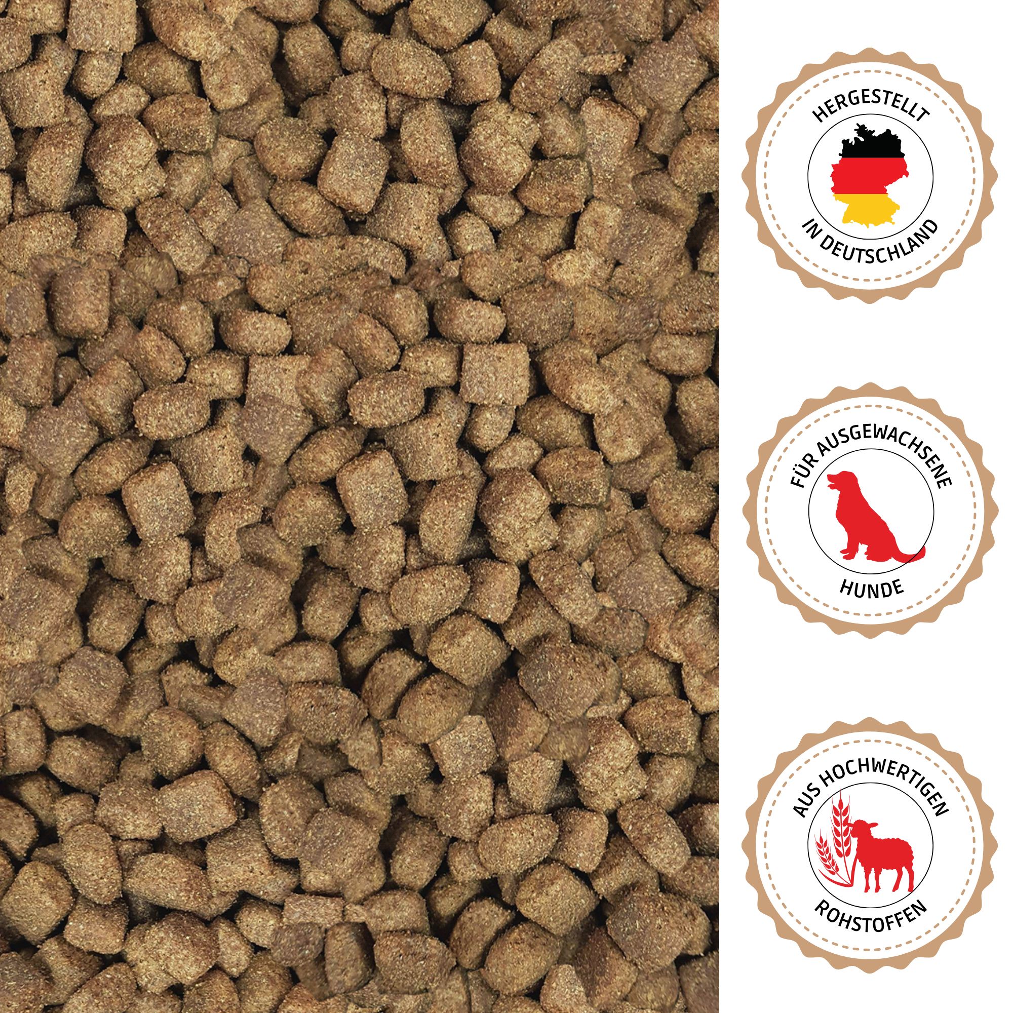 Nahaufnahme von Trockenfutter. Siegel: Hergestellt in Deutschland, für ausgewachsene Hunde, aus hochwertigen Rohstoffen.
