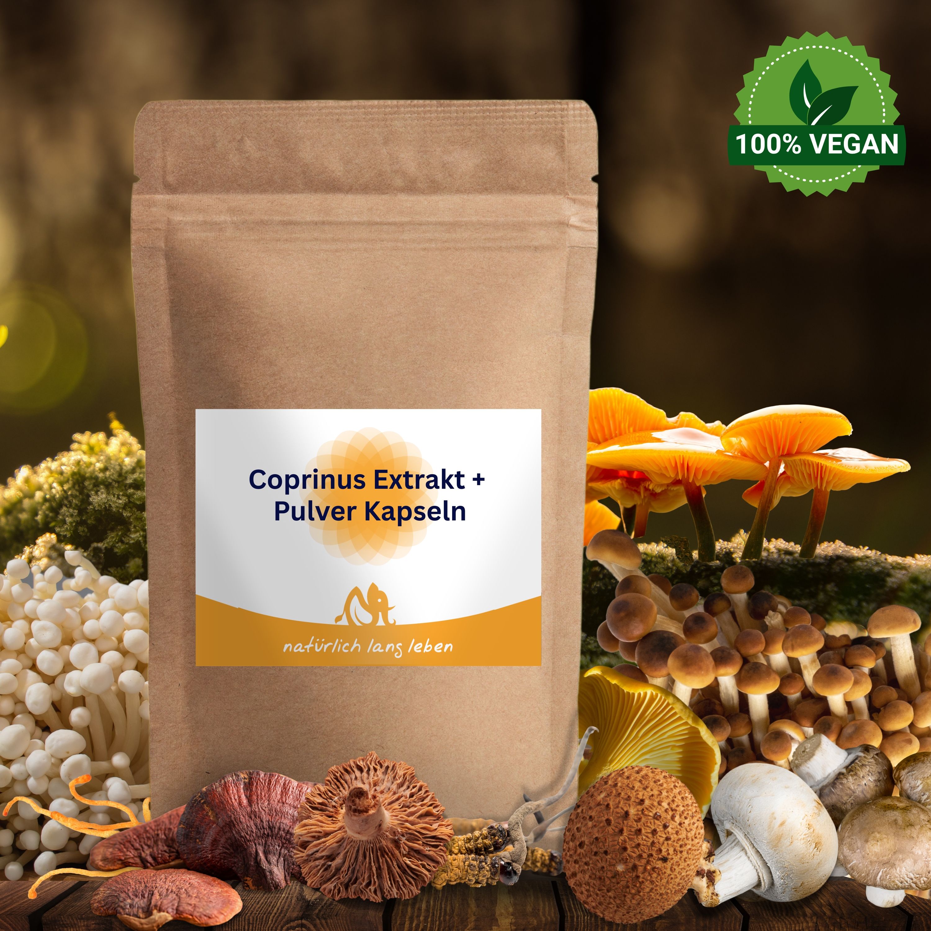 Braune Papierverpackung mit Etikett. Aufschrift: Coprinus Extrakt + Pulver Kapseln. Logo: Sonne und Figur. Text: natürlich lang leben. 100% Vegan-Siegel.
