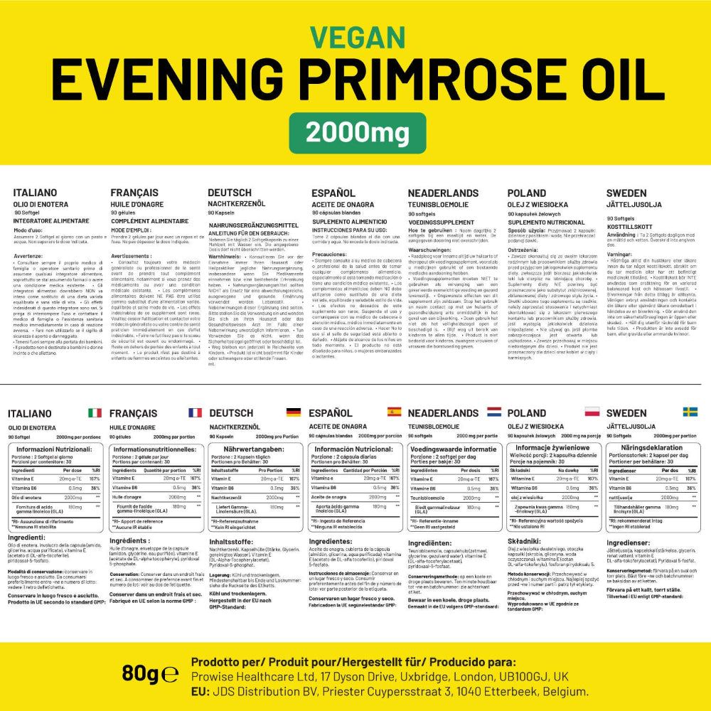 Mehrsprachige Informationen zu Prowise Vegan Evening Primrose Oil 2000mg. 80g. Produktinformationen in verschiedenen Sprachen.