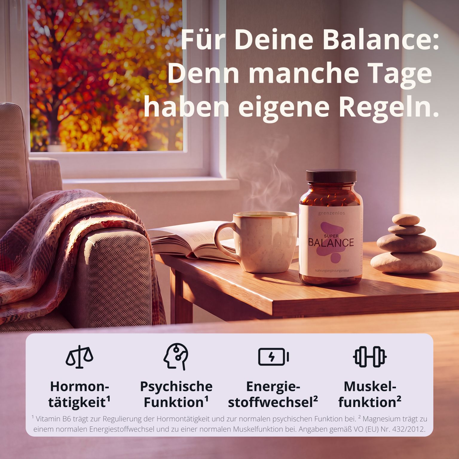 Flasche Super Balance auf einem Tisch neben einer Tasse und Büchern, mit Icons.