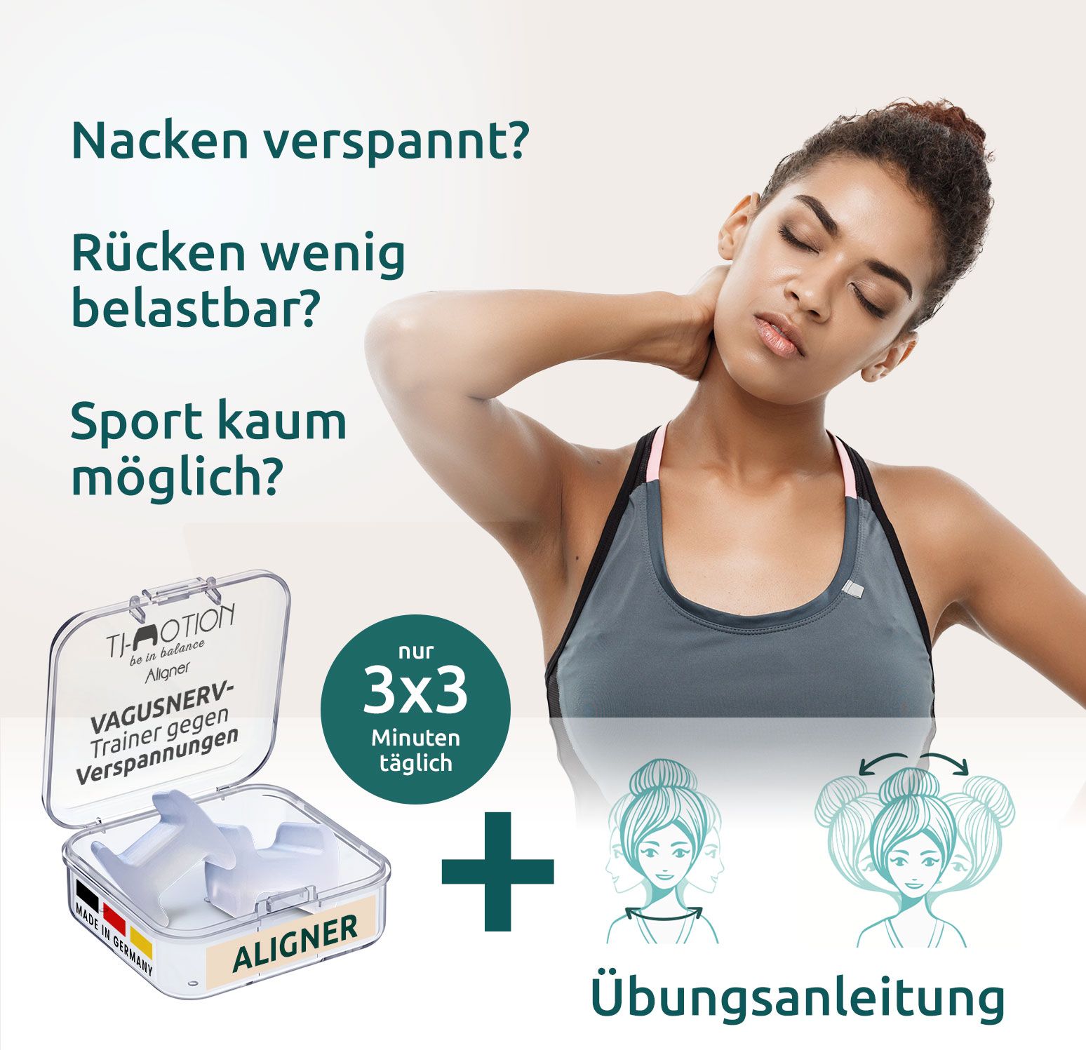 Frau berührt Nacken. Box mit Alignern, Text: Vagusnerv-Trainer, Aligner. Text: 3x3 Minuten täglich. Übungsanleitung.
