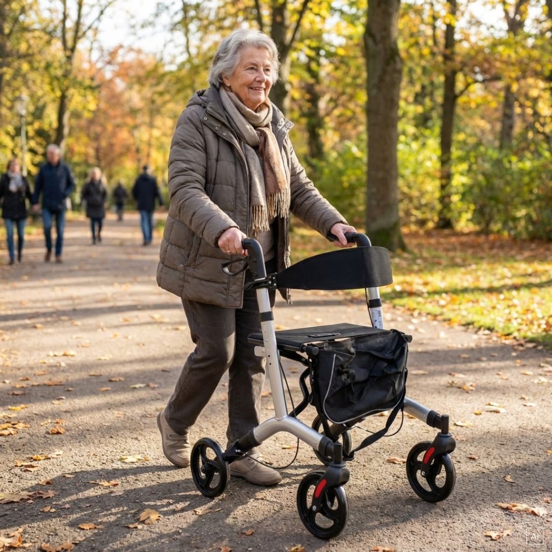 Ältere Dame benutzt einen silbernen Rollator im Park.