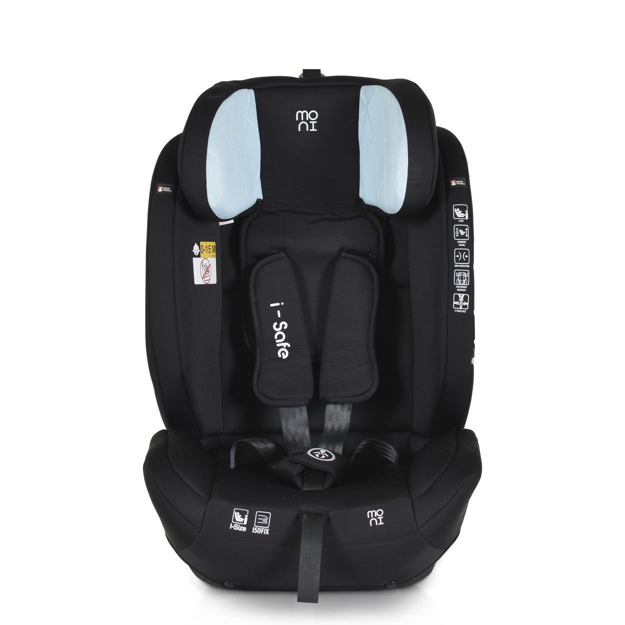 Schwarzer Kindersitz mit blauen Polstern und "i-Safe" Schriftzug