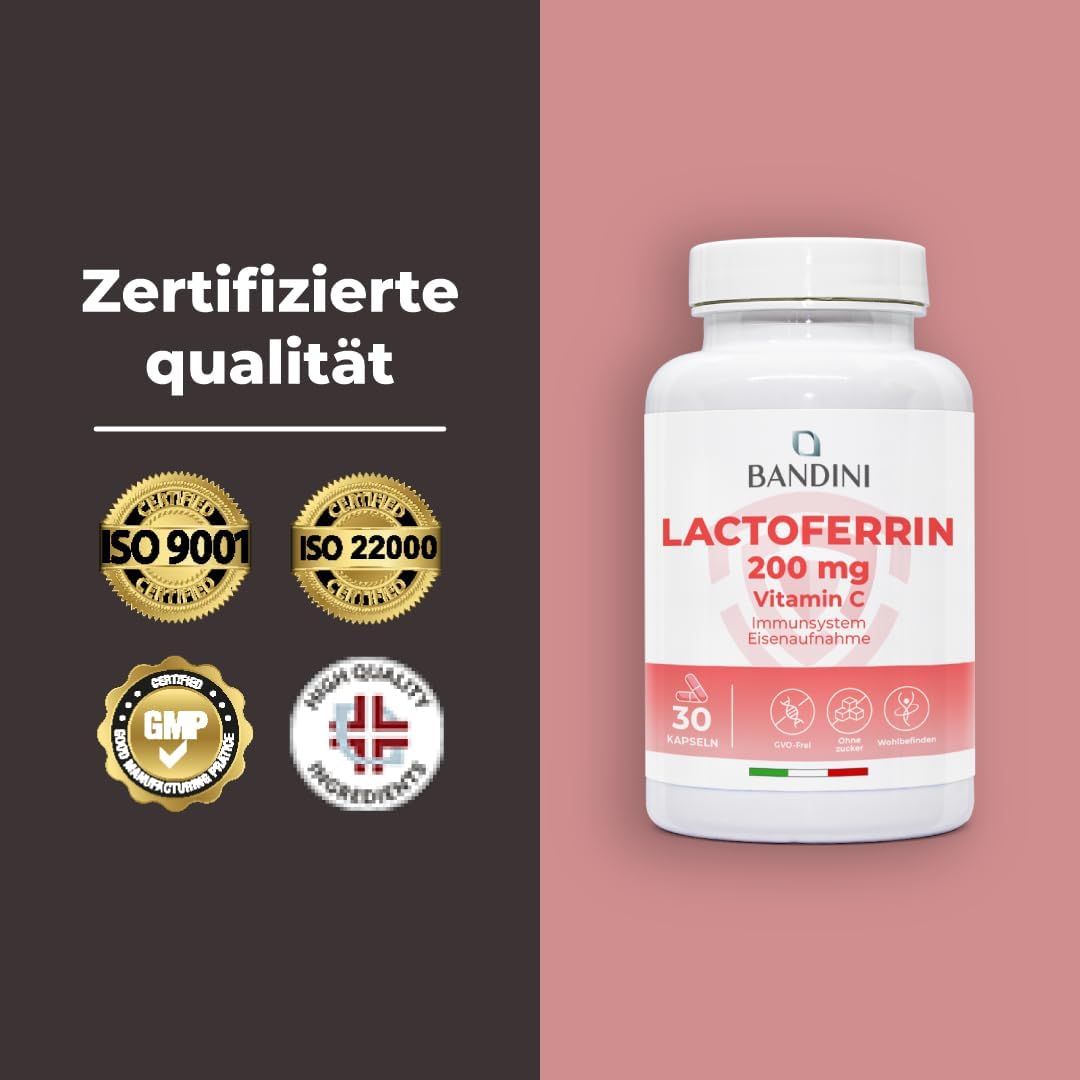 Weiße Flasche mit rotem Etikett. Aufschrift: Bandini Lactoferrin 200 mg Vitamin C. Zertifizierungen.
