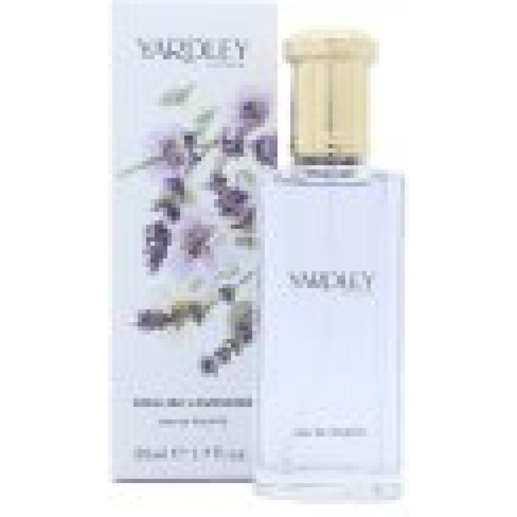 Flakon und Schachtel von Yardley English Lavender Eau de Toilette. Flakon mit goldfarbenem Verschluss. Schachtel mit Lavendel-Illustration.