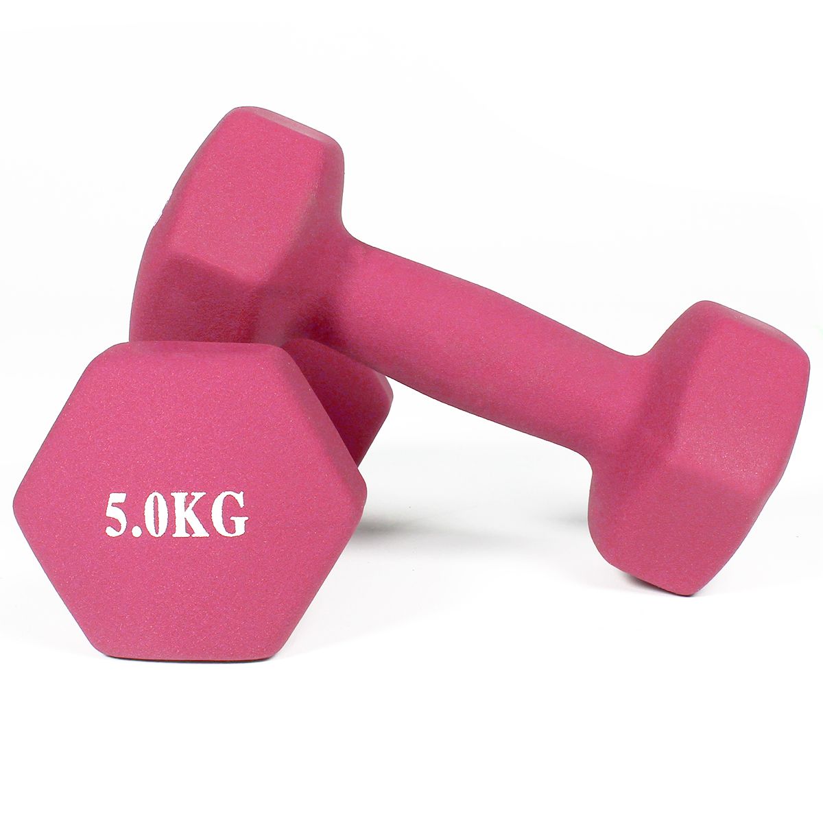 Zwei pinkfarbene Kurzhanteln mit Neoprenüberzug. Auf einer Hantel steht "5.0KG". Sechseckige Form.