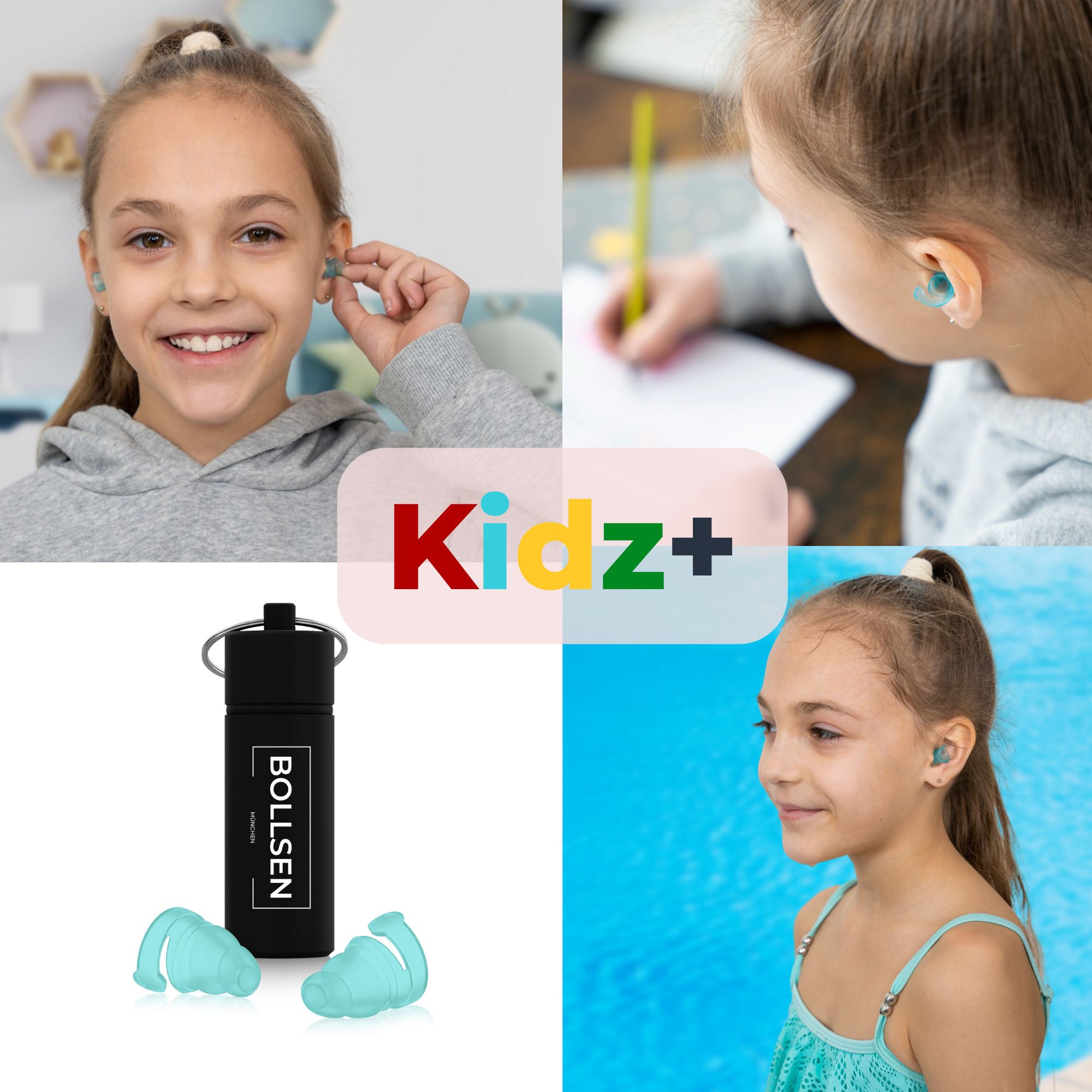 Kinder mit BOLLSEN Kidz+ Ohrstöpseln: Beim Lernen, Spielen, Schwimmen. Mit Etui und Ohrstöpseln.