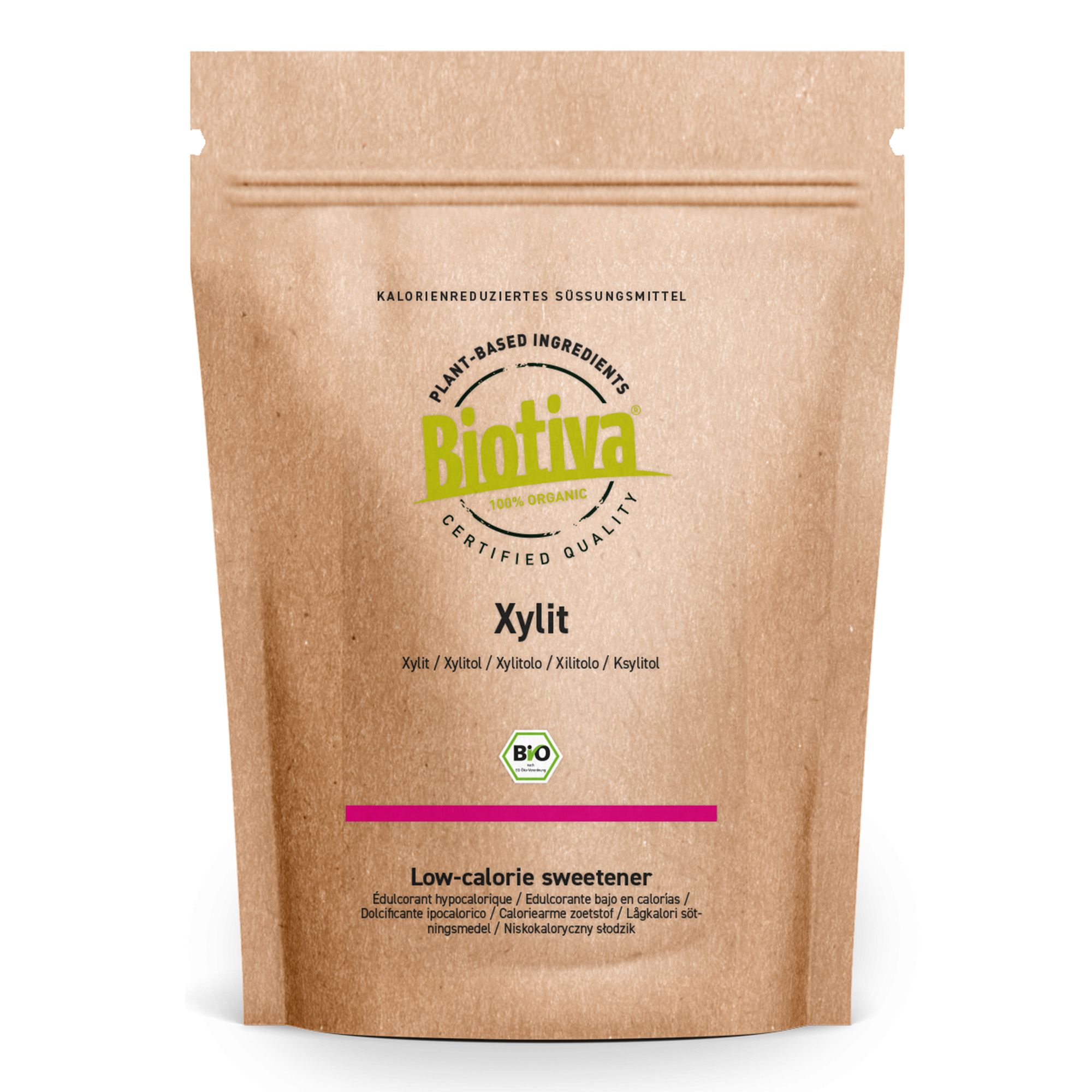 Braune Papierverpackung mit Biotiva-Logo und Xylit-Aufdruck. Enthält das Bio-Siegel. Text: Low-calorie sweetener.