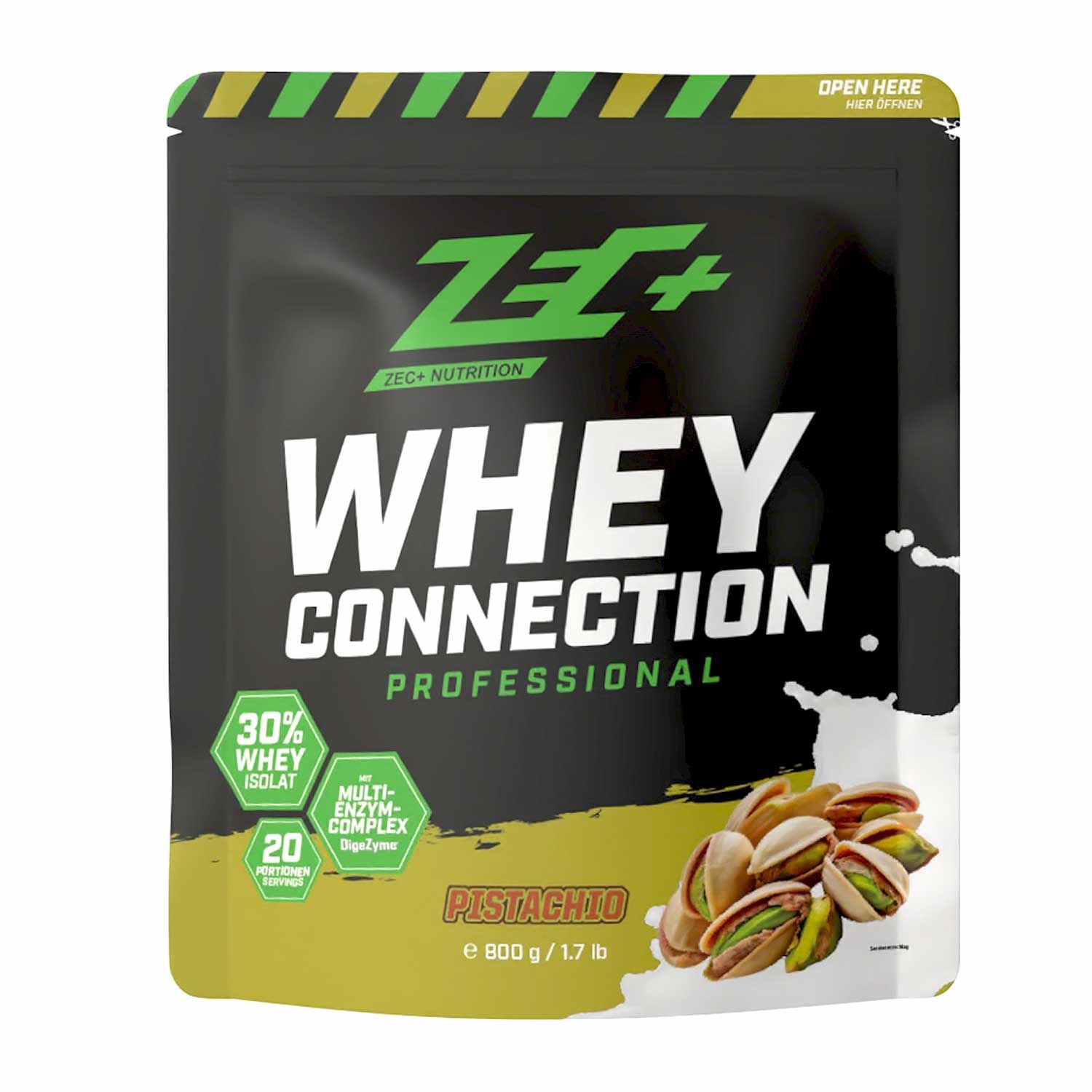 Beutel ZEC+ Whey Connection Professional Pistazie. Grün-schwarzes Design. Enthält Pistazien-Abbildung und Produktinformationen.