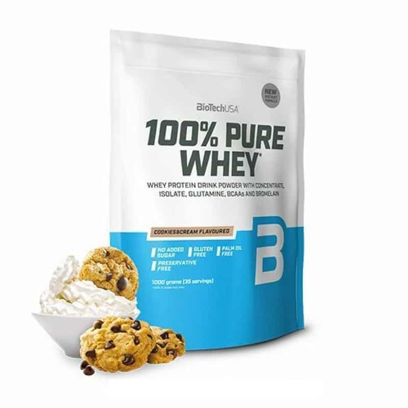 Beutel mit BioTechUSA 100% Pure Whey. Aufschrift: 100% Pure Whey, Cookies&Cream Flavour. Enthält 1000g. Ohne Zucker, Gluten und Palmöl.