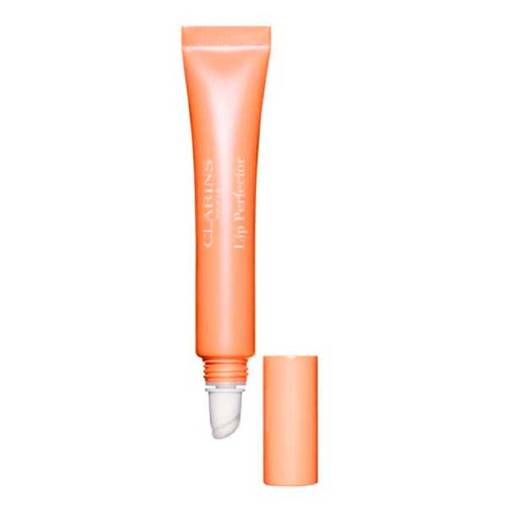 Clarins Lip Perfector in Pfirsich-Farbe. Tube mit Schraubverschluss und Applikator. Produktname und Marke sichtbar.