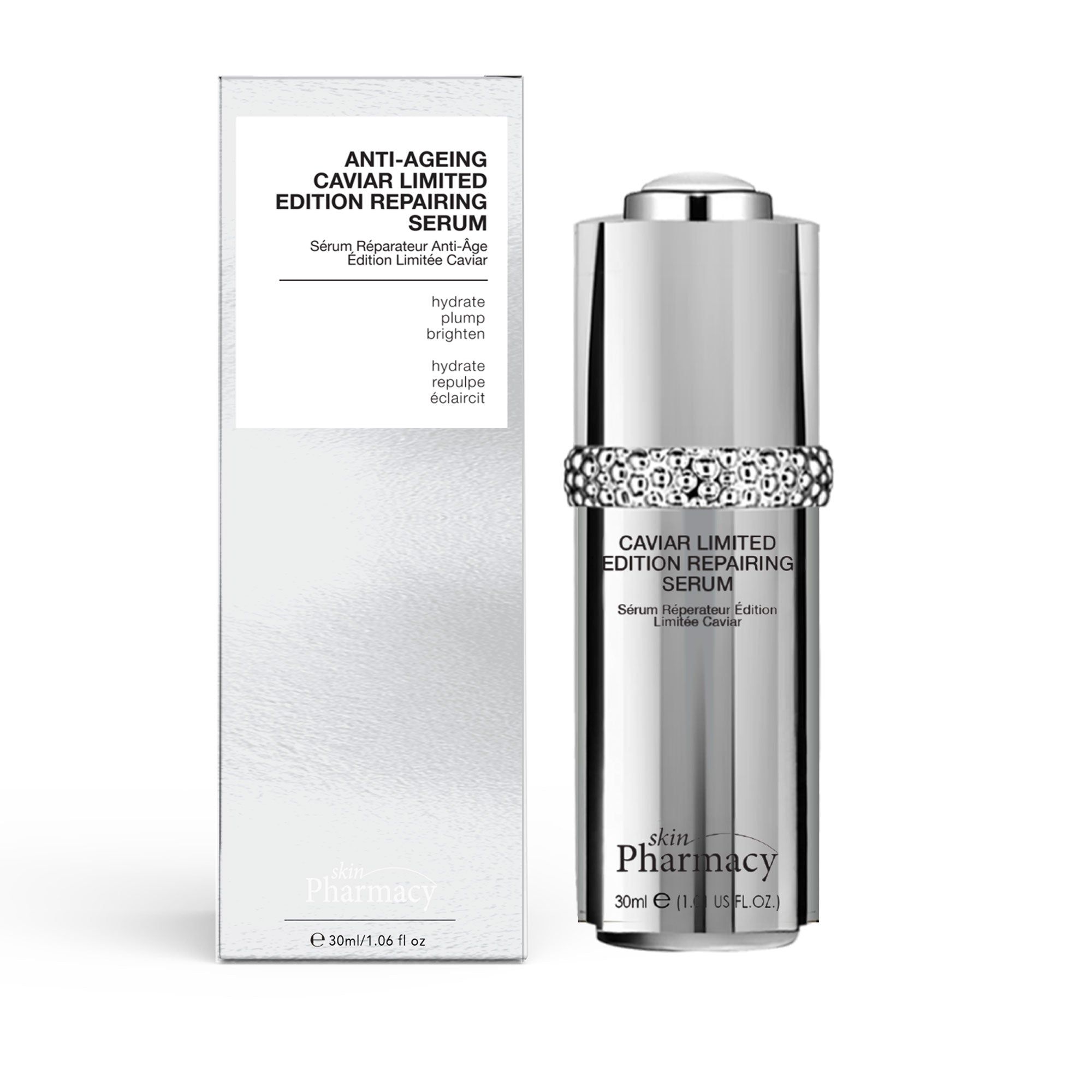 Produktflasche und Verpackung. Aufschrift 'Anti-Ageing Caviar Limited Edition Repairing Serum'.