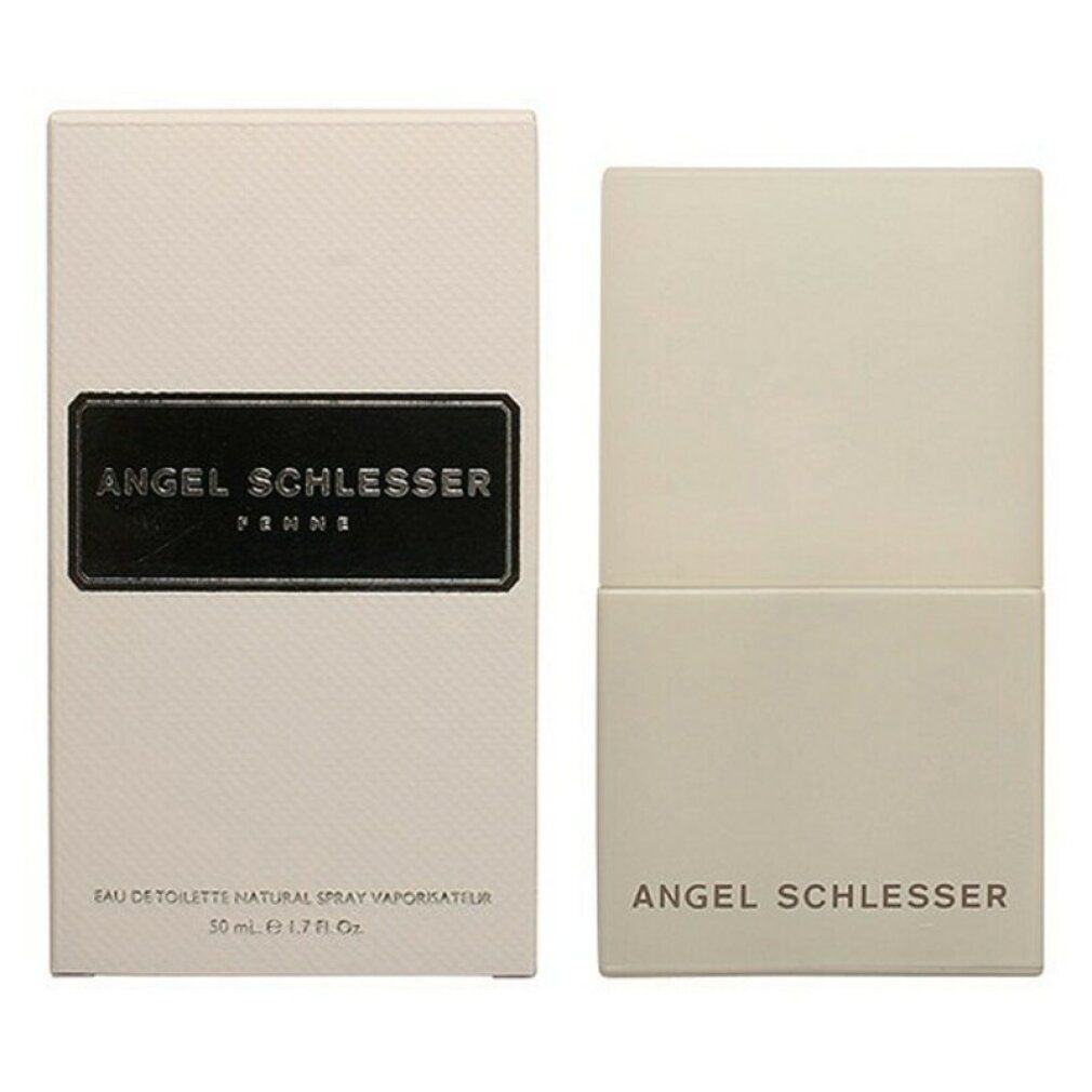 Beige Schachtel und Flakon. Auf der Schachtel steht 'Angel Schlesser Femme'. Flakon mit Deckel.