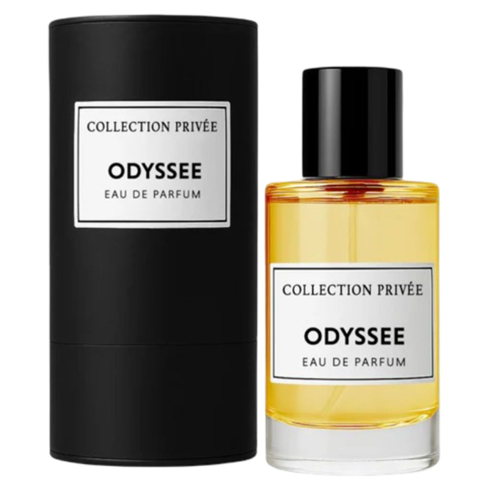 Parfümflakon und Verpackung. Schwarze zylindrische Verpackung und rechteckiger Flakon mit gelber Flüssigkeit. Aufschrift: Collection Privée, Odyssée, Eau de Parfum.