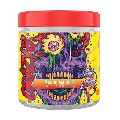 Runder Behälter mit rotem Deckel. Gelbes Etikett mit lila Schädel-Design und Text "Crazy 8". Aufschrift "Mango Madness".