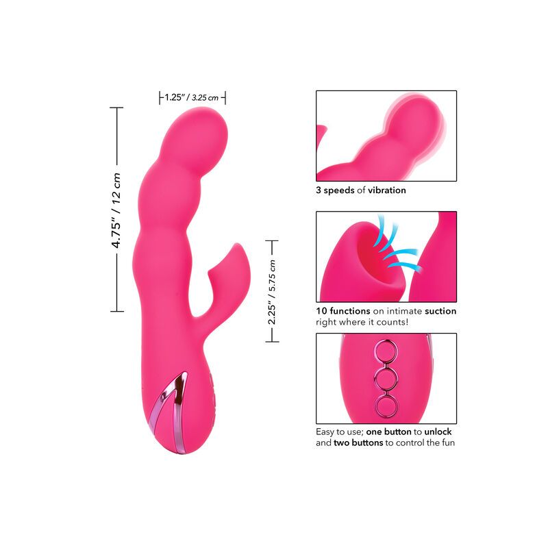 Pinkfarbenes Wellness-Produkt. Maße: 12 cm hoch, 5,75 cm breit. 3 Vibrationsmodi, 10 Saugfunktionen.