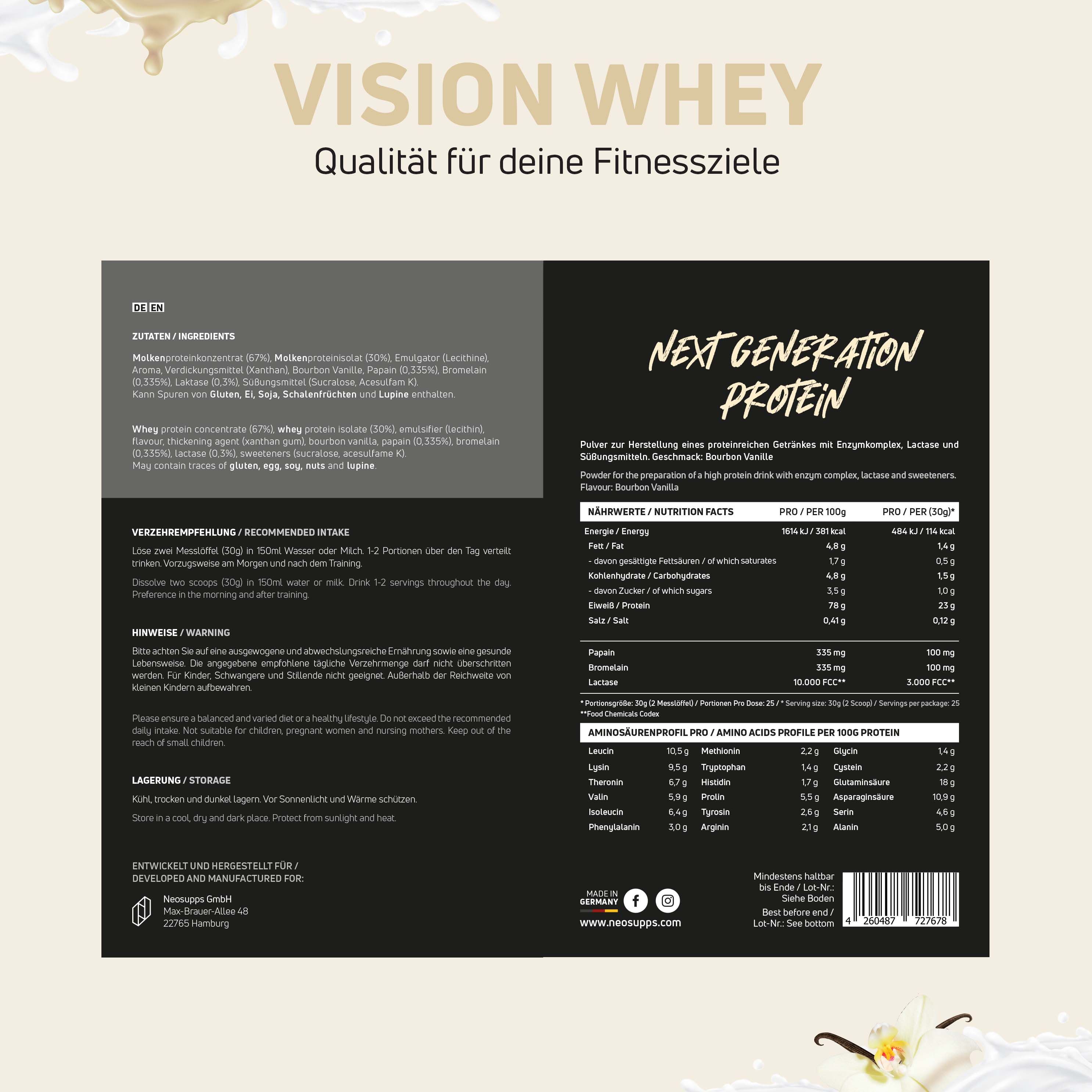 Rückseite der Dose Neosupps Vision Whey. Text: Zutaten, Nährwertangaben, empfohlene Einnahme, Lagerung. Vanille.