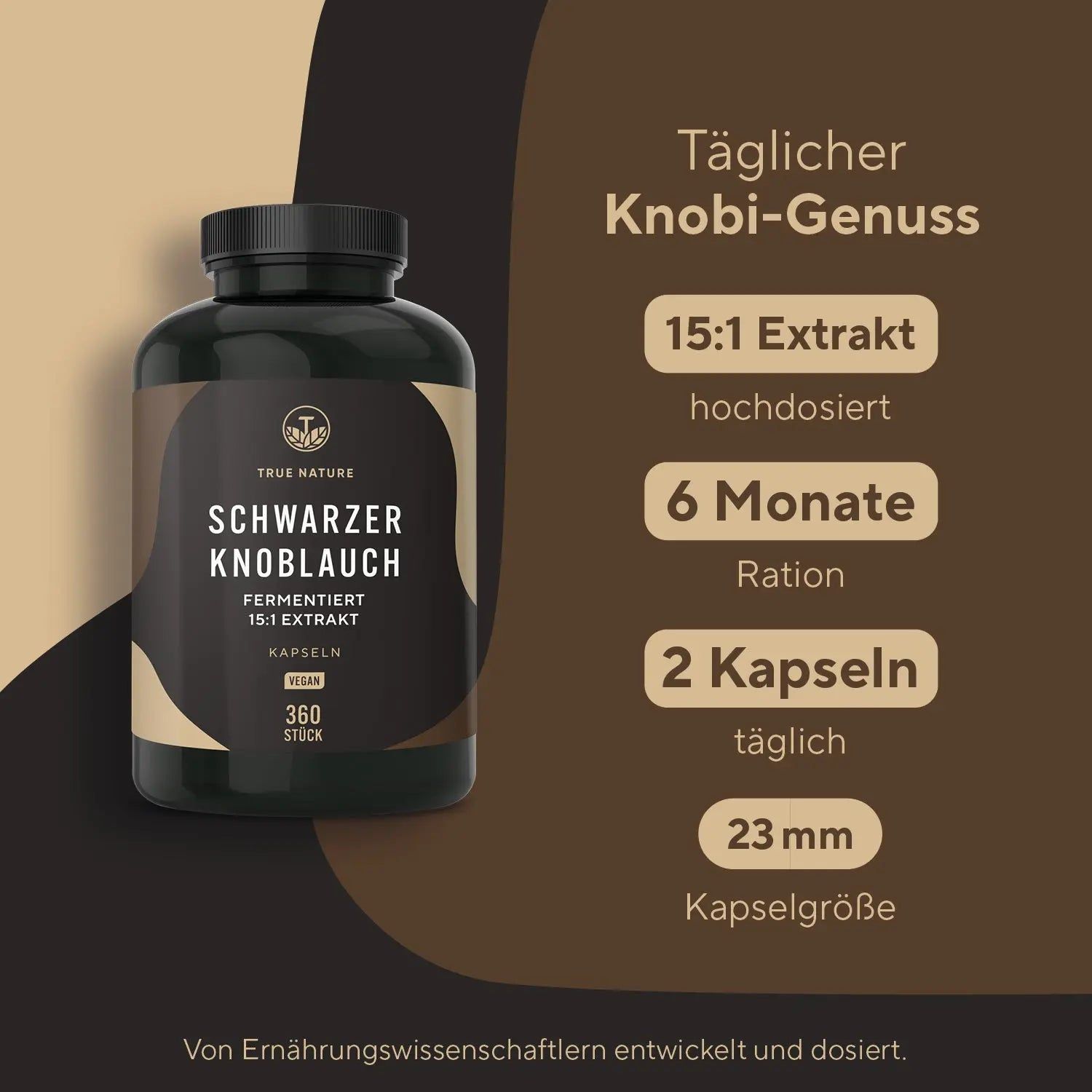 Produktflasche neben Infografik. Infografik: 15:1 Extrakt, 6 Monate Ration, 2 Kapseln täglich, 23 mm Kapselgröße. Text: Täglicher Knobi-Genuss.