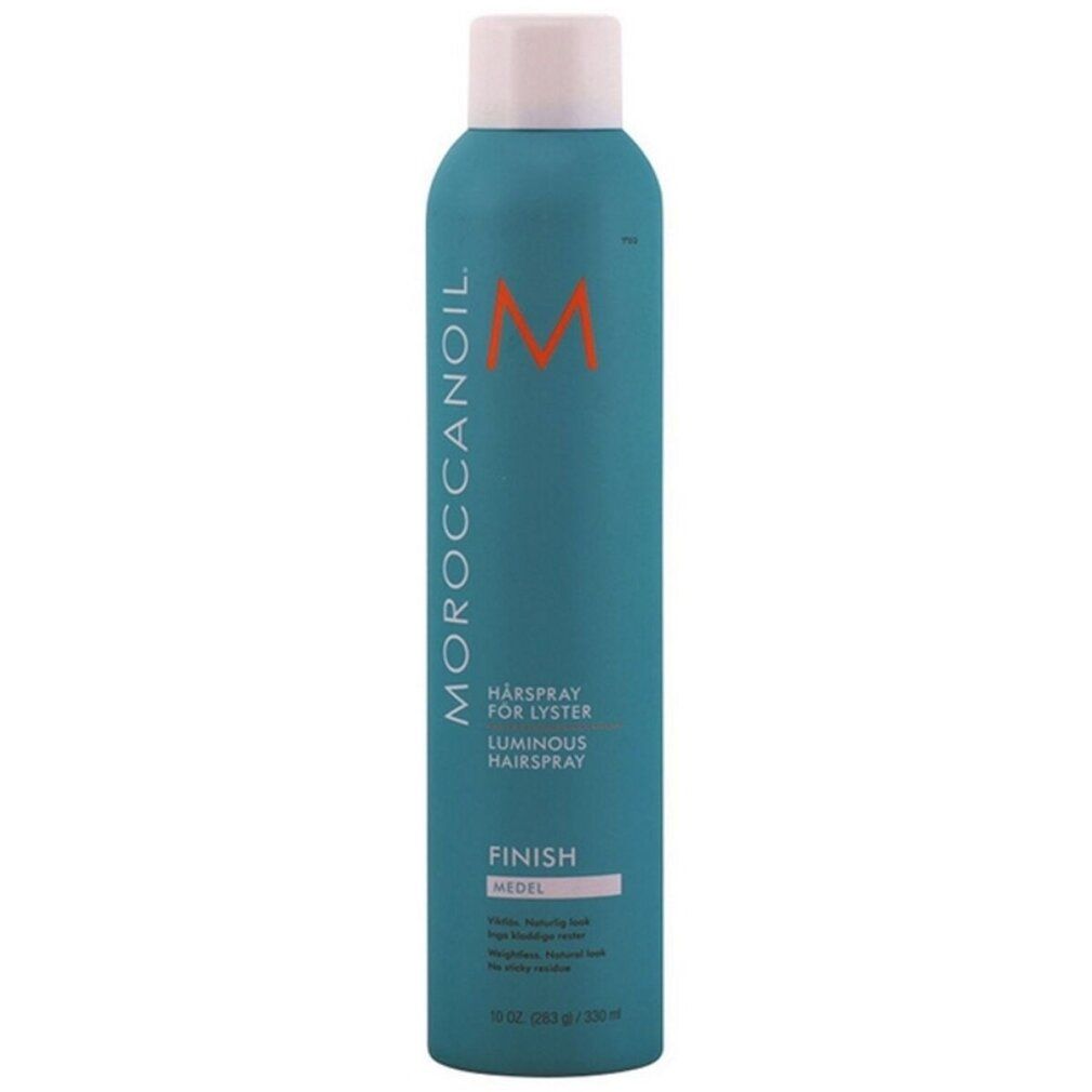 Türkisgrüne Haarspray-Flasche mit weißem Deckel. Aufschrift: Moroccanoil, Hairspray for Lyster, Finish Medium.