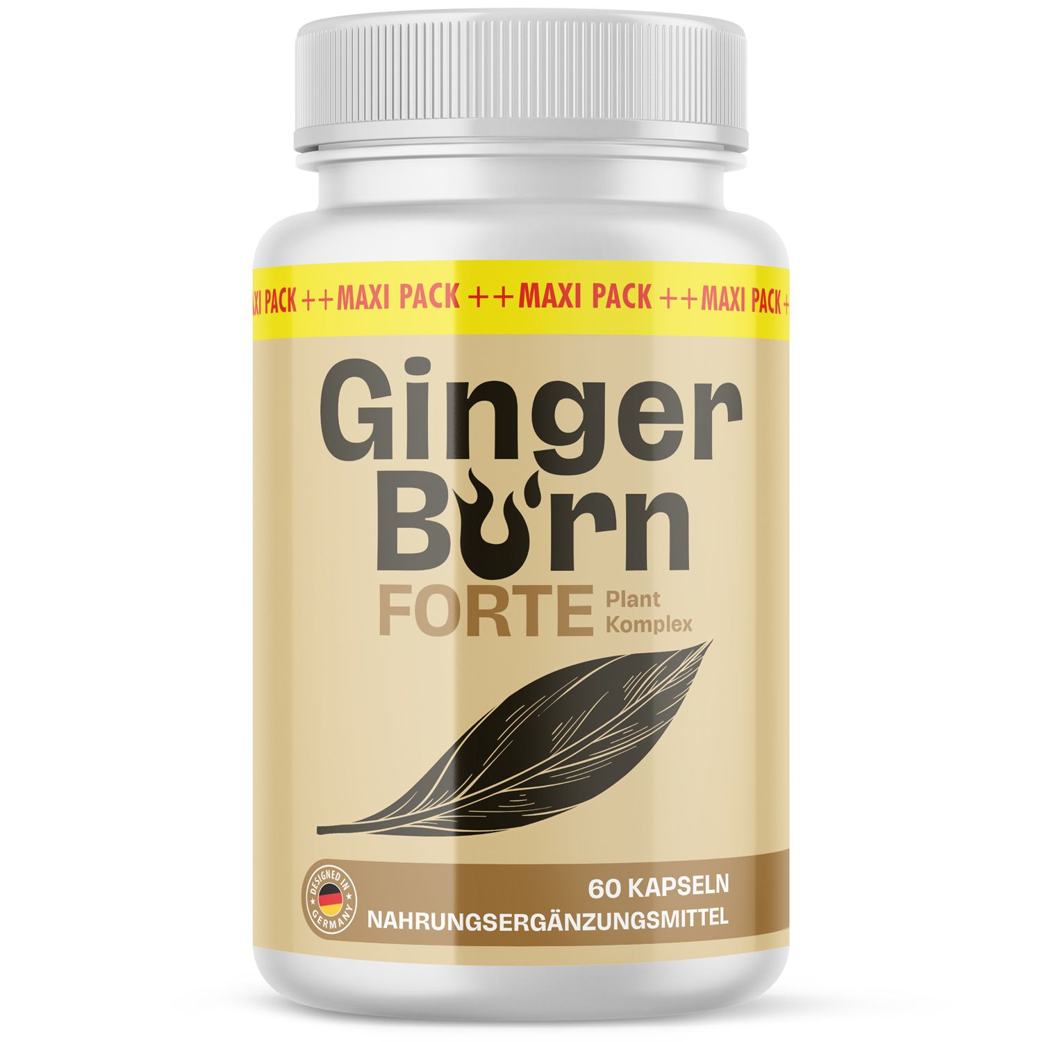 Braune Kapseln in einer weißen Flasche mit dem Aufdruck "Ginger Burn Forte". Enthält 60 Kapseln. Mit Siegel.