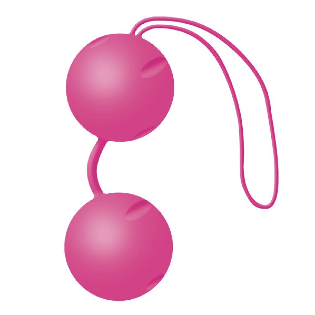 Zwei rosa Kugeln mit Verbindungsstück und Schlaufe. Oberflächen mit Vertiefungen. Produkt für Beckenbodentraining.