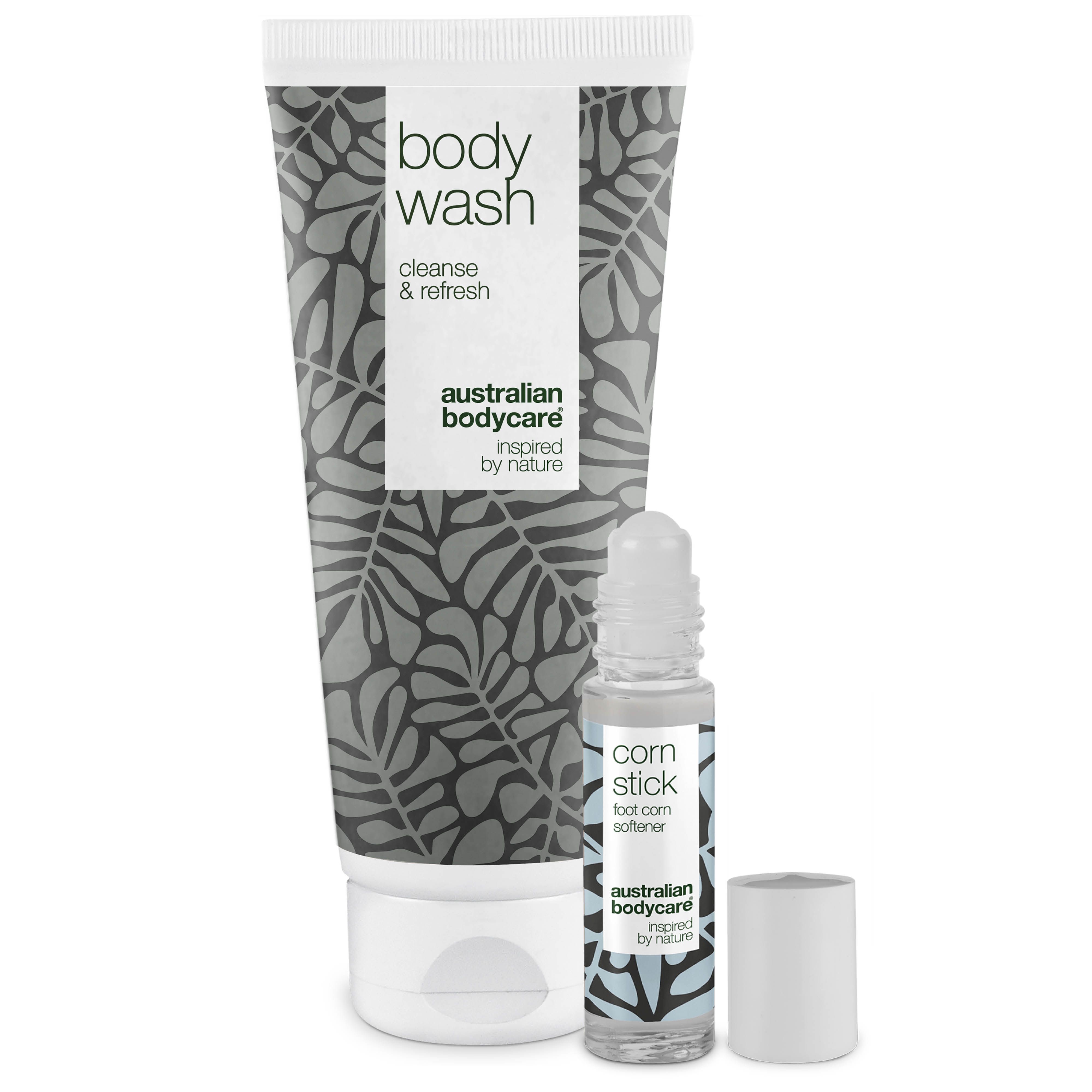 Tube und Roll-on-Flasche. Aufschrift: Body Wash, Corn Stick. Marke: Australian Bodycare.