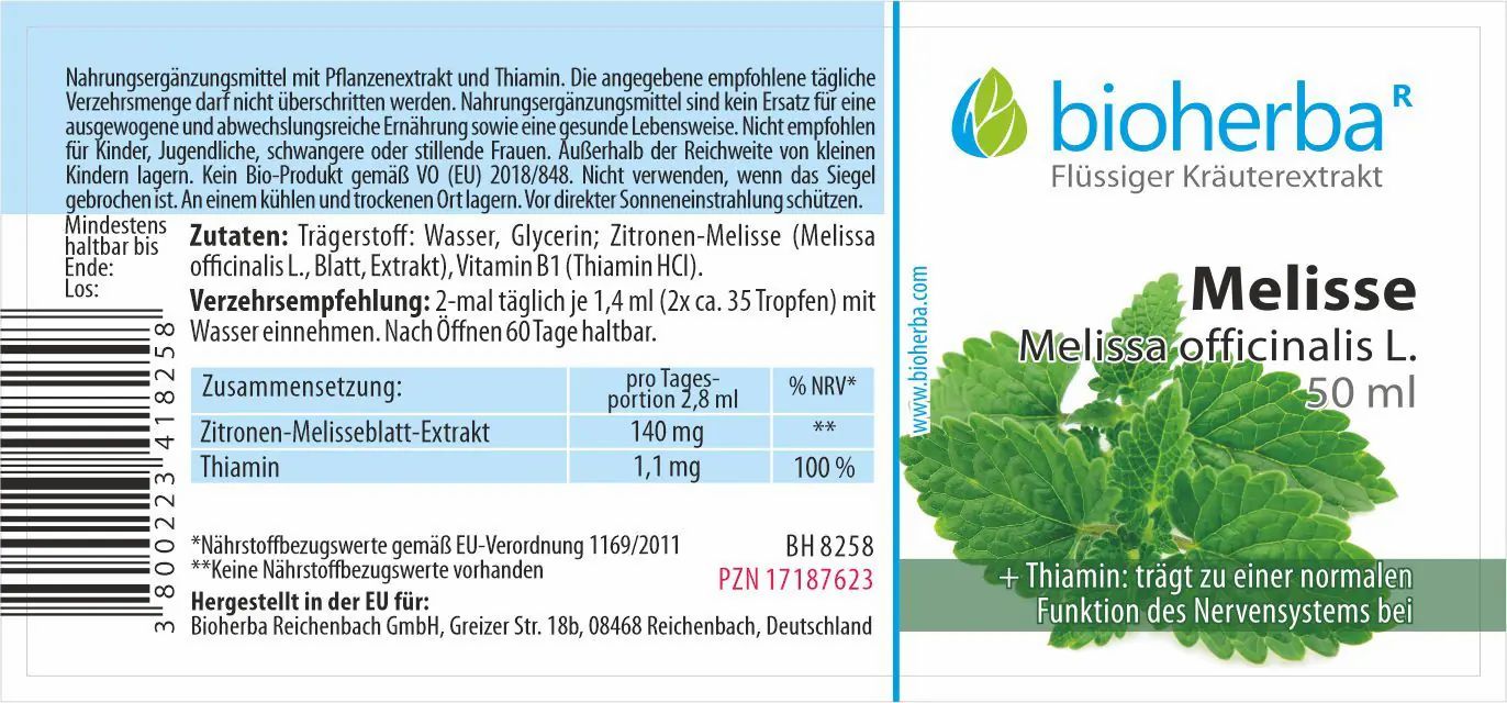 Etikett mit Produktinformationen. Enthält Produktname Melisse, Kräuterabbildung, Herstellerlogo und Inhaltsstoffe.