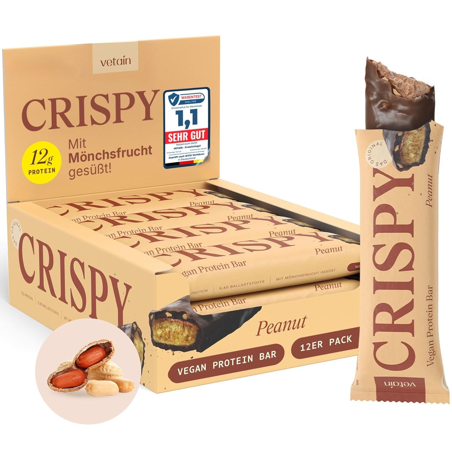 Vetain Proteinriegel Vegan - Crispy Peanut 12g Eiweiß Ohne Zuckerzusatz & Palmöl 12 St Riegel