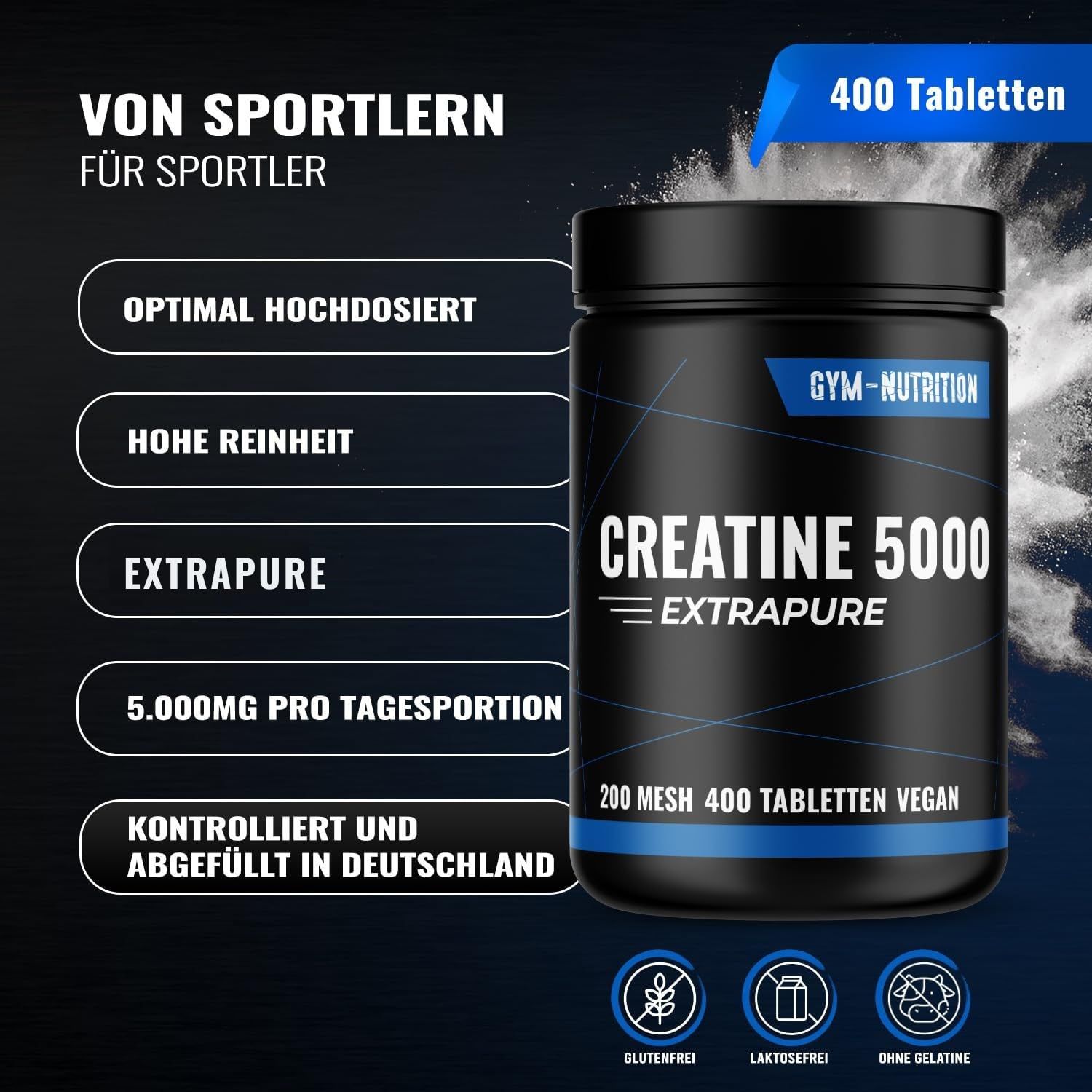 Schwarze Dose mit Aufschrift CREATINE 5000 EXTRAPURE, 200 Mesh, 400 Tabletten, Vegan. Gym-Nutrition Logo. Text: 400 Tabletten.