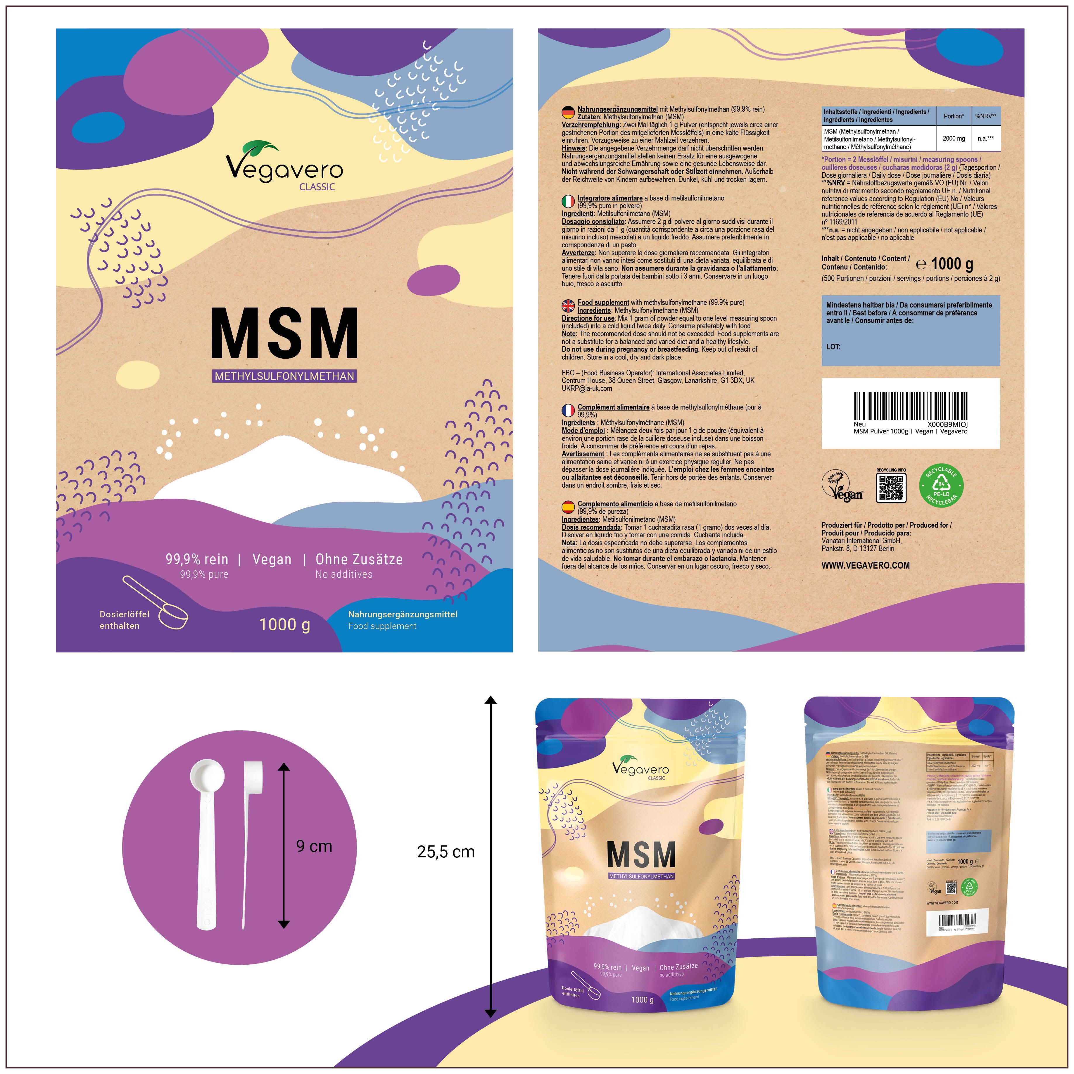 Produktverpackung. Vorder- und Rückseite des Beutels mit MSM-Pulver. Mit Messlöffel. Abmessungen: 25,5 cm hoch, 9 cm breit.
