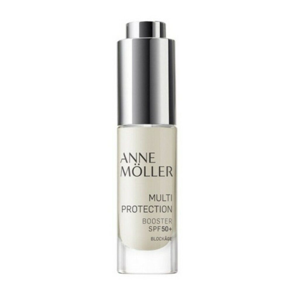 Serumflasche mit silbernem Verschluss. Aufschrift: Anne Möller Multi Protection Booster SPF 50+.