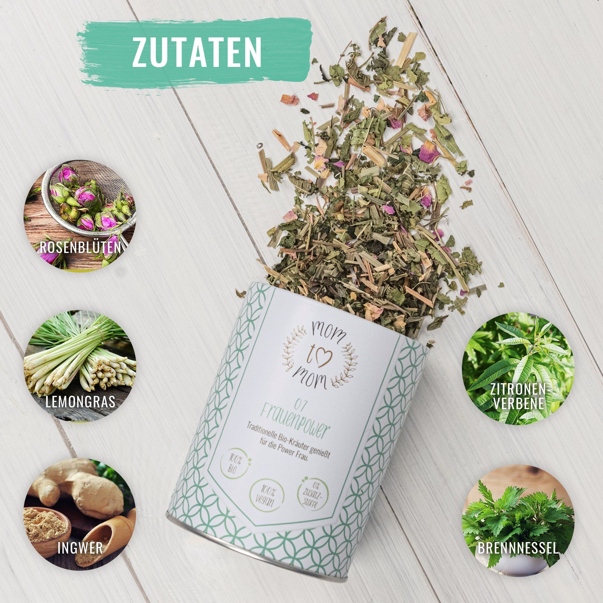 Geöffnete Dose mit Kräutern. Aufdruck: mom to mom Frauenpower. Zutaten: Rosenblüten, Zitronenverbene, Ingwer, Brennnessel, Lemongras.
