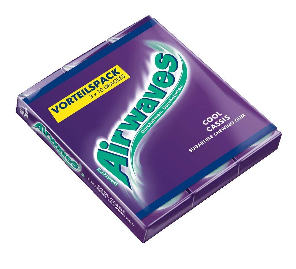 AIRWAVES Cool Cassis Packung. Violette Verpackung mit Logo und Text. 'Vorteilspack' und '3 x 10 Dragees' sichtbar.