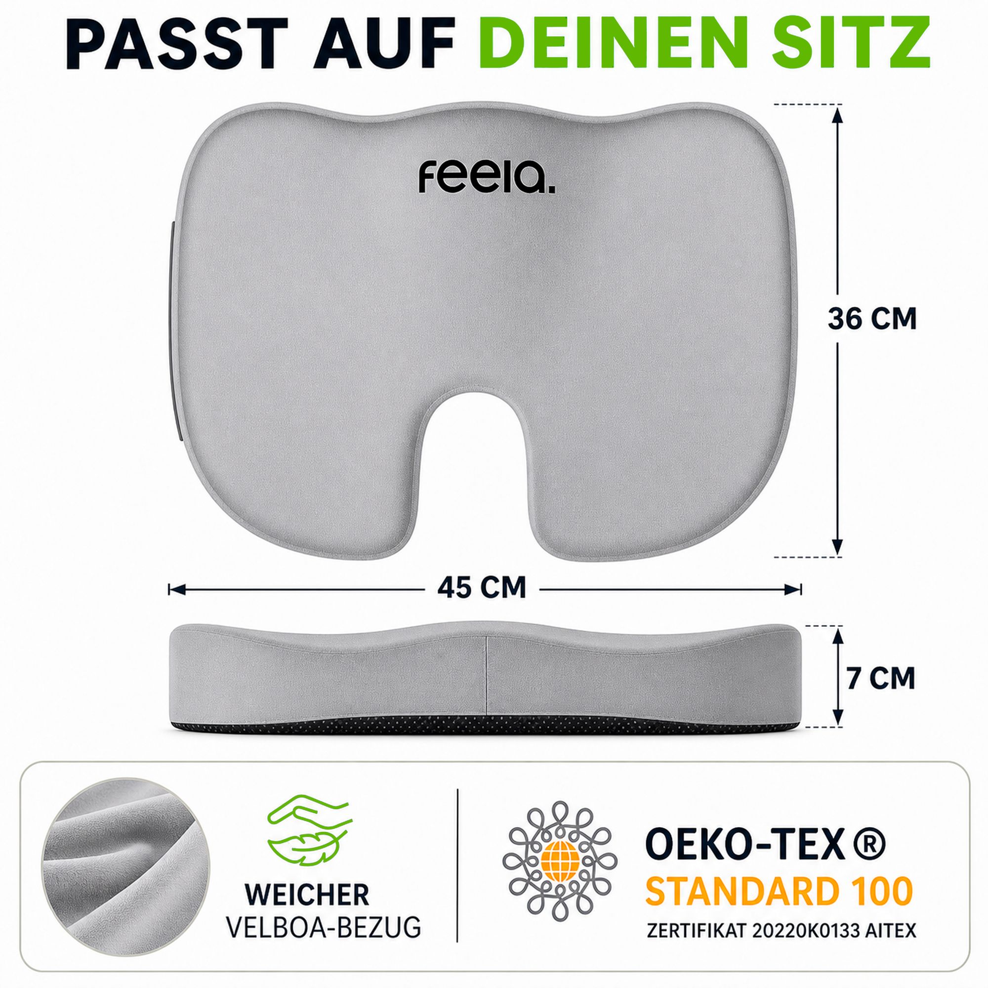 Orthopädisches Sitzkissen, 45x36x7 cm. Weicher Veloursbezug. OEKO-TEX® Standard 100.