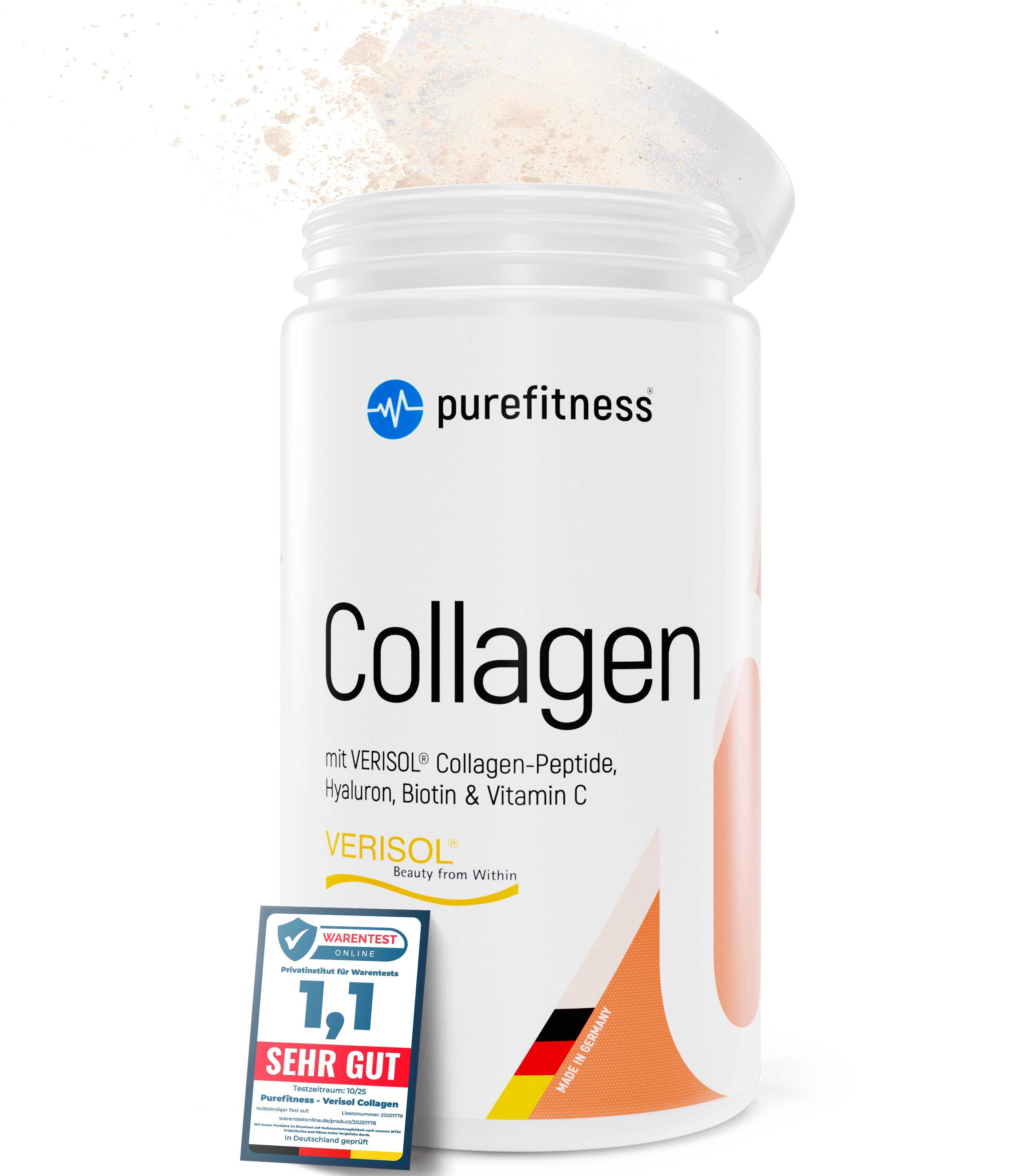 Purefitness Collagen Pulver in weißem Behälter mit deutscher Flagge und Siegel.